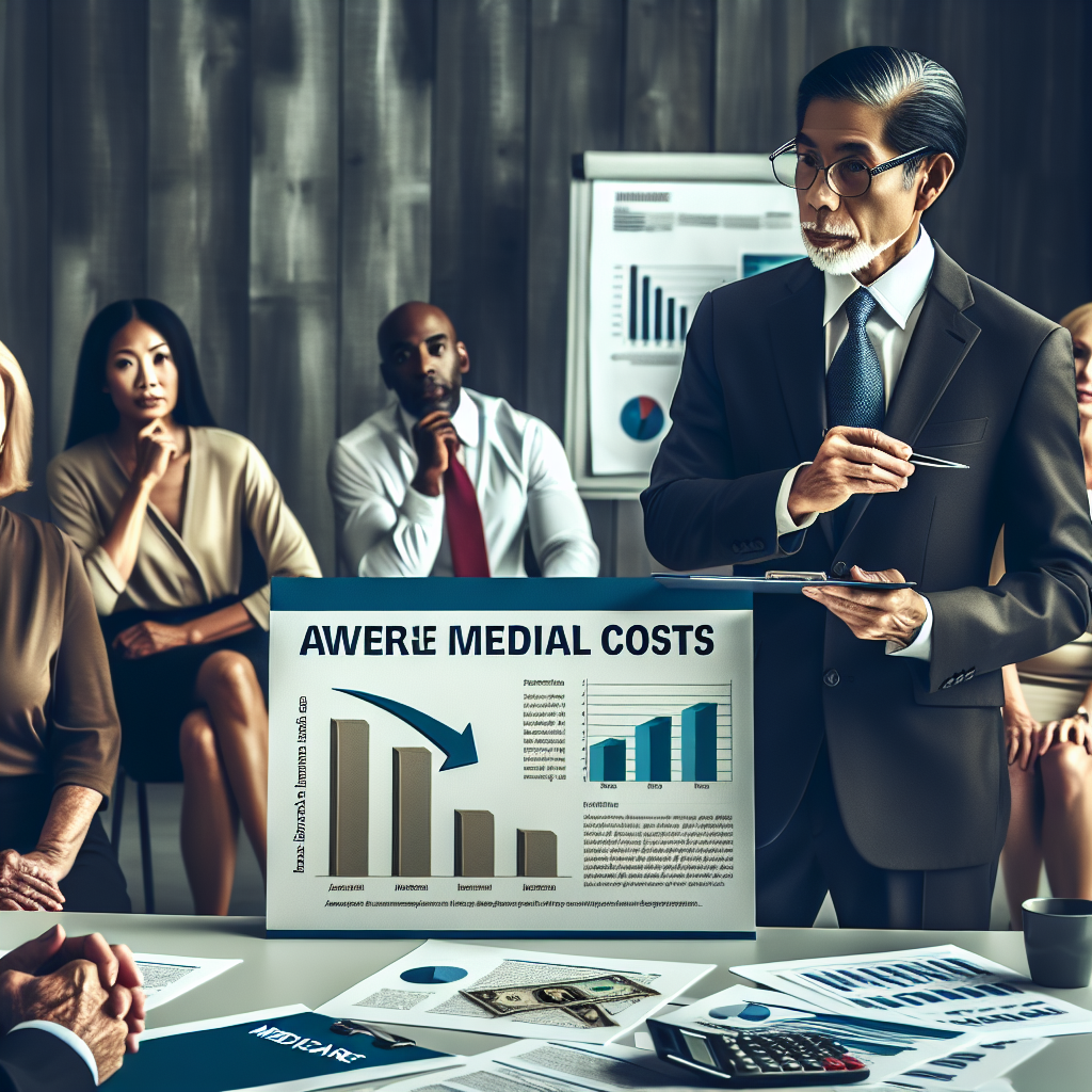A detailed image highlighting the theme of affordable strategies for lowering healthcare costs in relation to Medicare changes. In the foreground, there's a person of South Asian descent, appearing middle-aged, smartly dressed in professional attire, explaining a chart that shows the decreasing graph of medical costs. On the table, there are documents labeled 'Medicare', a calculator, and a laptop showing data analysis. In the background, diverse individuals (Caucasian woman, Hispanic man, Black woman) attentively listening to the presentation. The atmosphere is serious and focused, emphasizing the importance of the subject. Use a realistic art style.