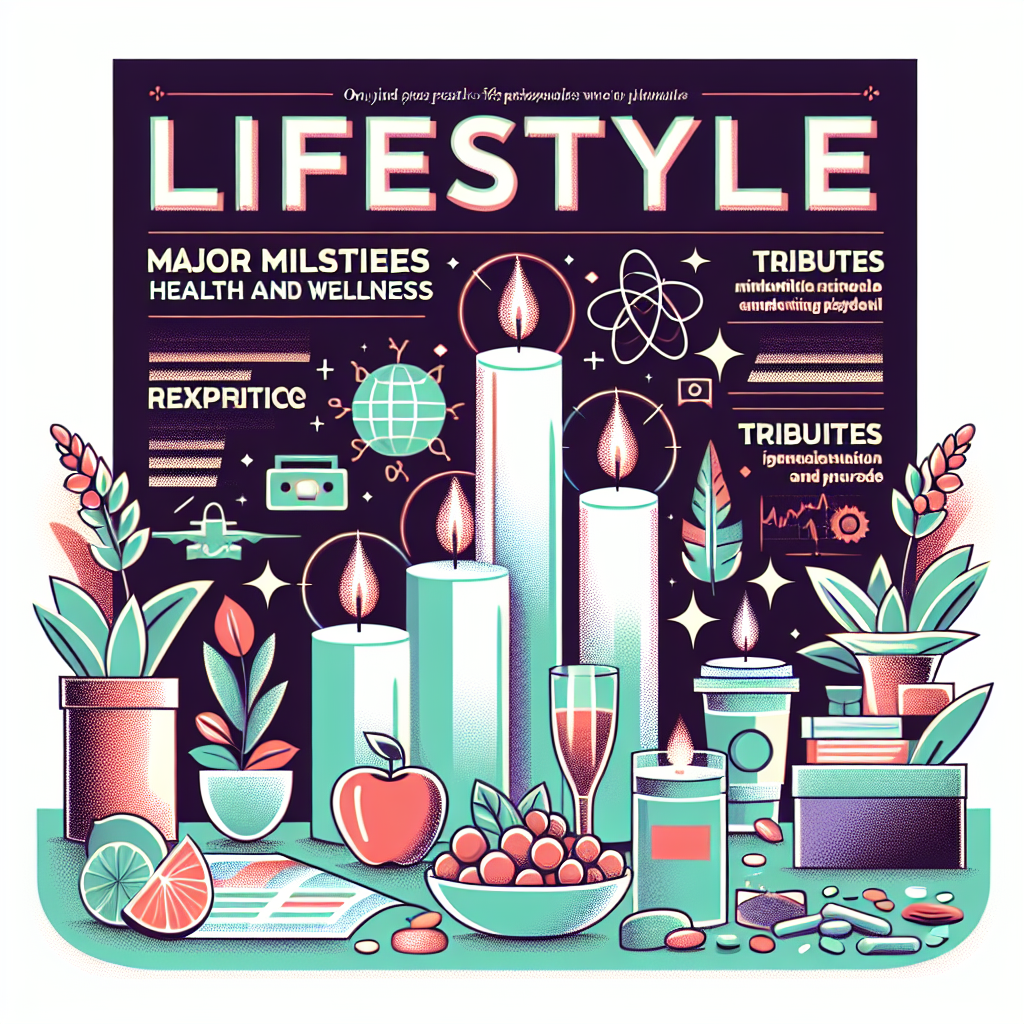Illustration of an abstract concept of an upscale lifestyle magazine cover, featuring topics like major milestones in health and wellness, and commemorating individuals who passed away. The magazine cover should include images hinting at health and wellness like organic foods, fitness gear, and medical symbols. There should also be a section showcasing tributes with candles and flowers. Please exclude any specific real-life personalities from the magazine cover depiction.