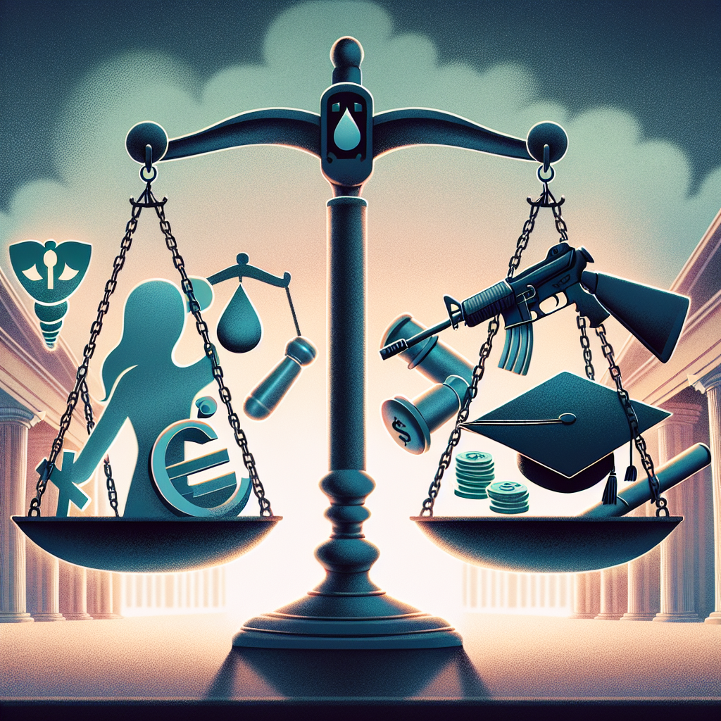 A conceptual illustration depicting scales of justice teetering between symbolic icons for three major topics under scrutiny in the United States. On one end of the balance, a symbol for health rights suggestive of the abortion debate. In the middle, a representation of firearm regulation reflective of the gun laws discourse. On the other end, a symbol of financial burden taking the form of a graduation cap chained to a hefty weight, signifying the student loans issue. Behind the scales, a blurred silhouette of a generic courthouse symbolizing the supreme court's role in these matters.