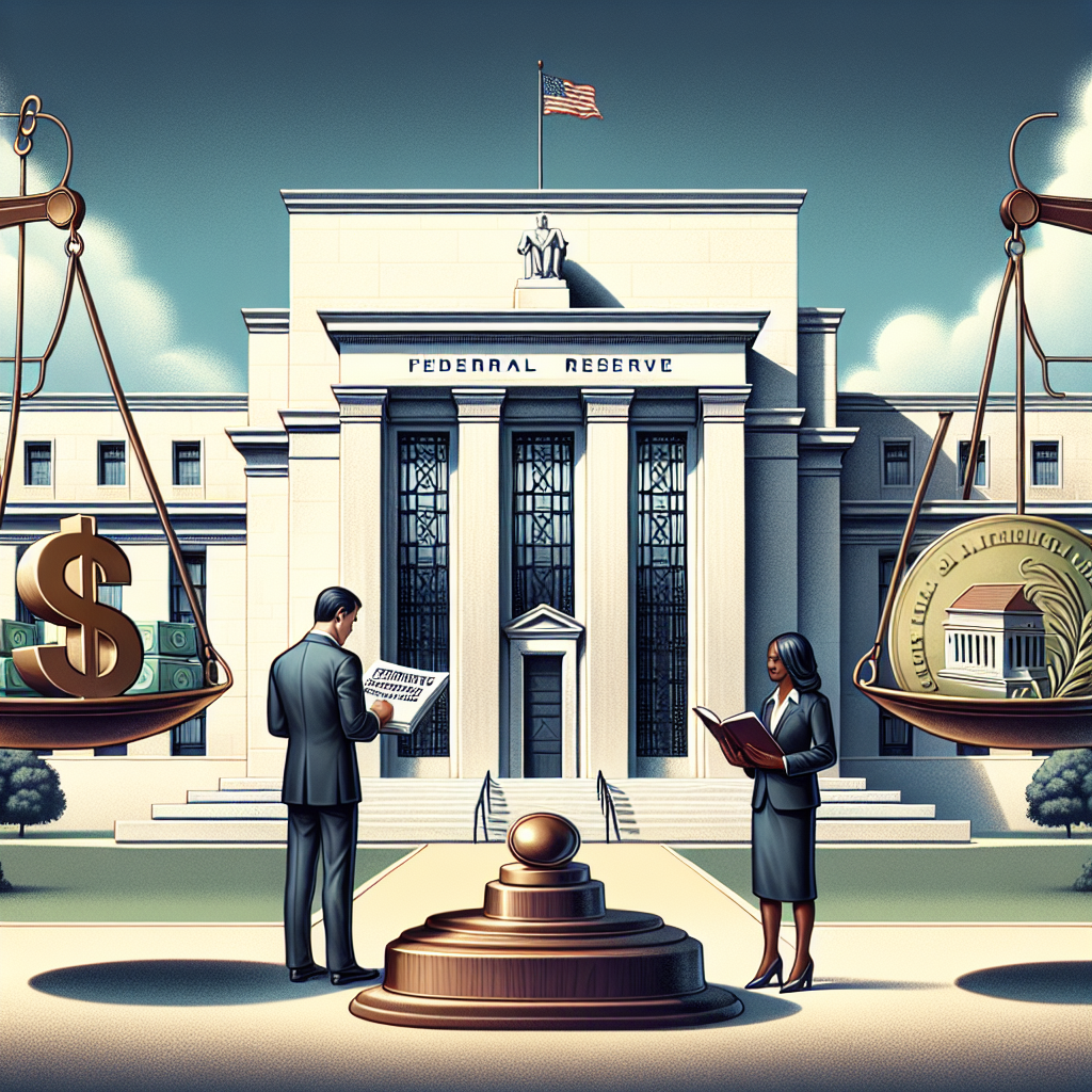 Image of a large, classic building that resembles a financial institution, with the title 'Federal Reserve.' At the entrance of the building, a South Asian male in a suit is studying a large magnifying glass over a document titled 'Interest Rate Decisions.' Nearby, a female Black economist holds a book in her hands with the title 'Strategies for Inflation.' In the foreground, a large scale balances a dollar sign and an inflation symbol, signifying the careful balance that must be maintained in economic decisions.