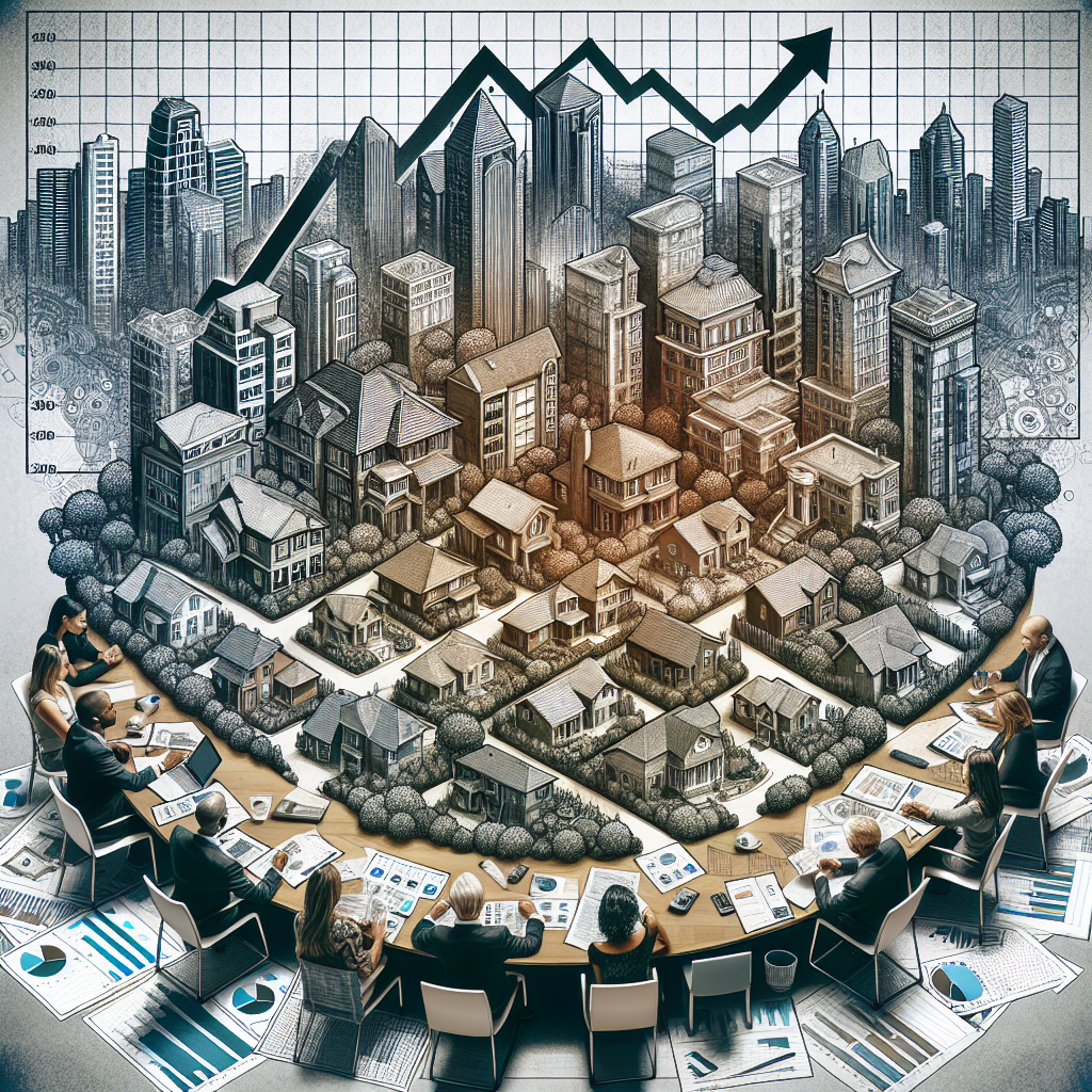 An intricate visual representation of the US housing market, symbolized by a large, detailed cityscape with various types of residential buildings ranging from suburban single-family homes to urban apartments. The cityscape is intersected by a rising graph line, symbolizing increasing mortgage rates.  A diverse group of people, including a Caucasian woman, an Hispanic man, a Black woman, and a Middle-Eastern man, are depicted discussing and strategizing around a round table with different strategies marked on a map of the city. Financial documents and calculators are scattered on the table, signifying their brainstorming process.