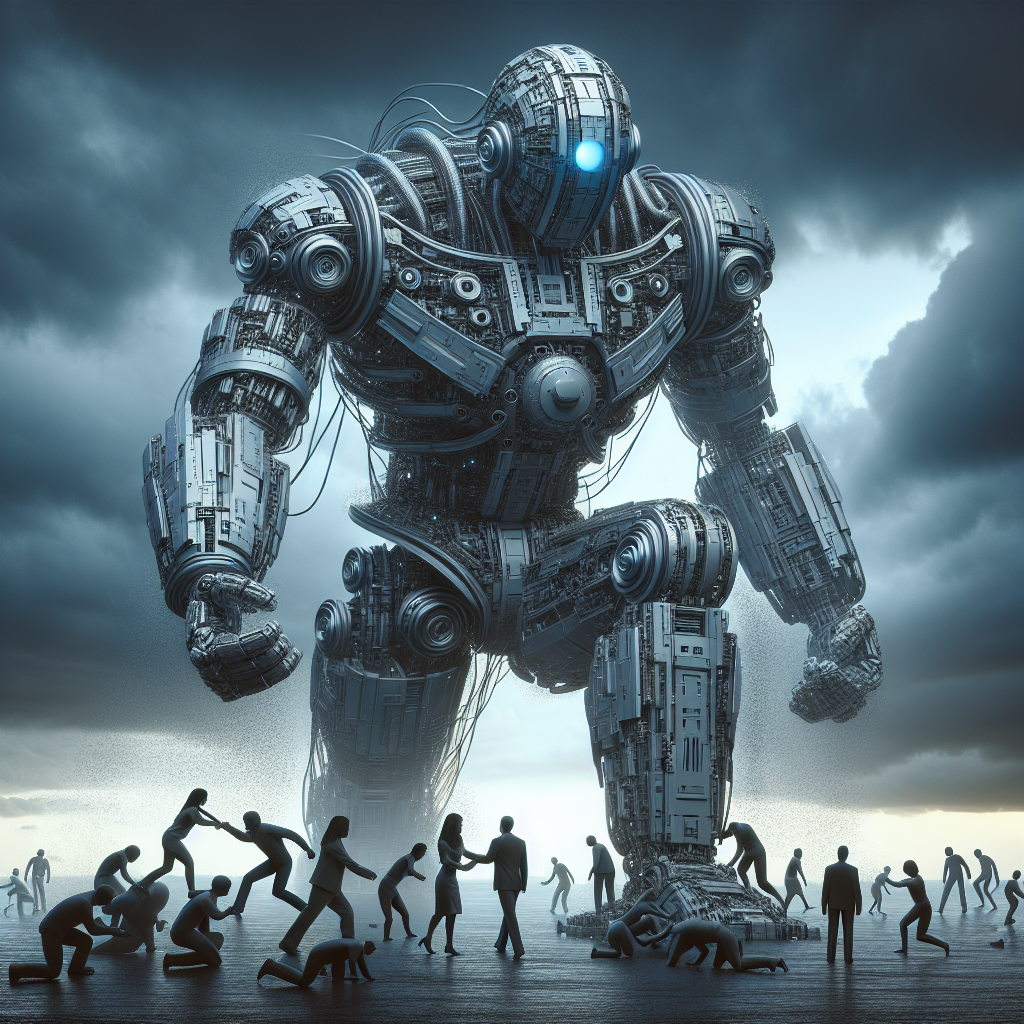 Conceptual illustration of a large, humanoid robot made of metallic high-tech materials, hunched over in a defensive pose among a stormy, gloomy backdrop. The robot symbolizes the tech giant. Around it are scattered smaller humanoid figures — representing employees of various descents and genders — some helping each other up, some looking for shelter, others standing defiant. Emphasize on the sense of struggle, resilience, and unity despite adversity.