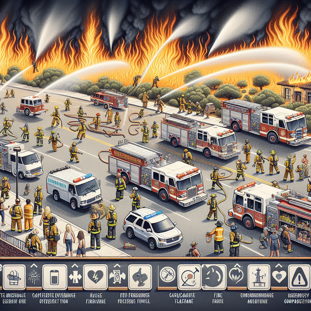 An image illustrating a comprehensive emergency response to a wildfire during an extreme heatwave. A group of diverse and dedicated firefighters are extinguishing the flamefront - each of them clad in their protective, reflective suits. Some of them are Caucasian, others are Hispanic, African-American, Middle-Eastern. Amidst the conflagration, show a mixture of gender too; male, female and non-binary firefighters working together to combat the blaze. Aligned beside them, fire trucks and emergency vehicles are organized, hoses spraying a powerful cascade of water onto the wildfire. In the foreground, display useful tips for such emergencies written on a chalkboard.
