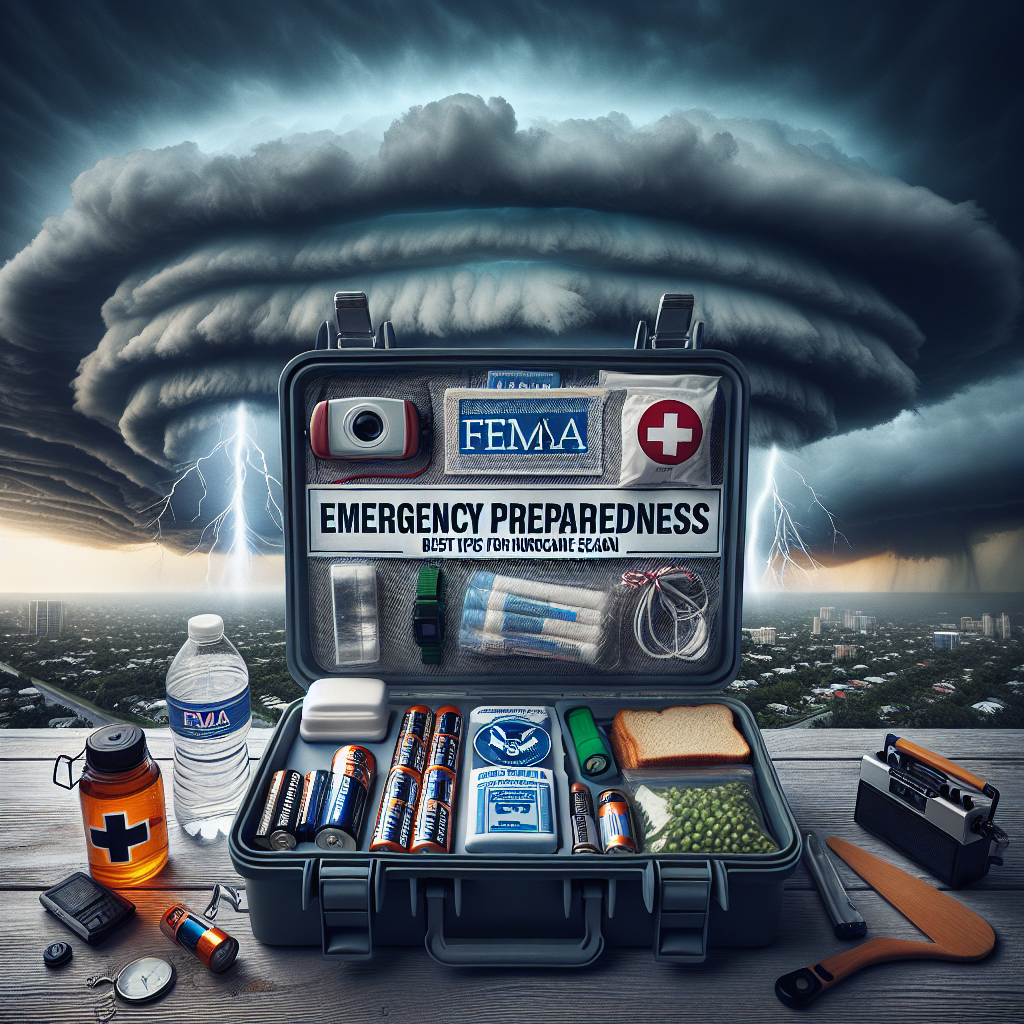 Create a detailed and educational image focusing on emergency preparedness for the hurricane season. The image should depict an open emergency kit revealing key items such as batteries, non-perishable food, bottled water, a first aid kit, flashlight and radio. In the background of the image, looming dark storm clouds should be visible to represent the impending hurricane season. Include a high-contrast textual overlay that reads 'FEMA Emergency Preparedness: Best Tips for Hurricane Season'. This message should be emphasized and eye-catching, aiming to communicate the vital importance of being prepared.