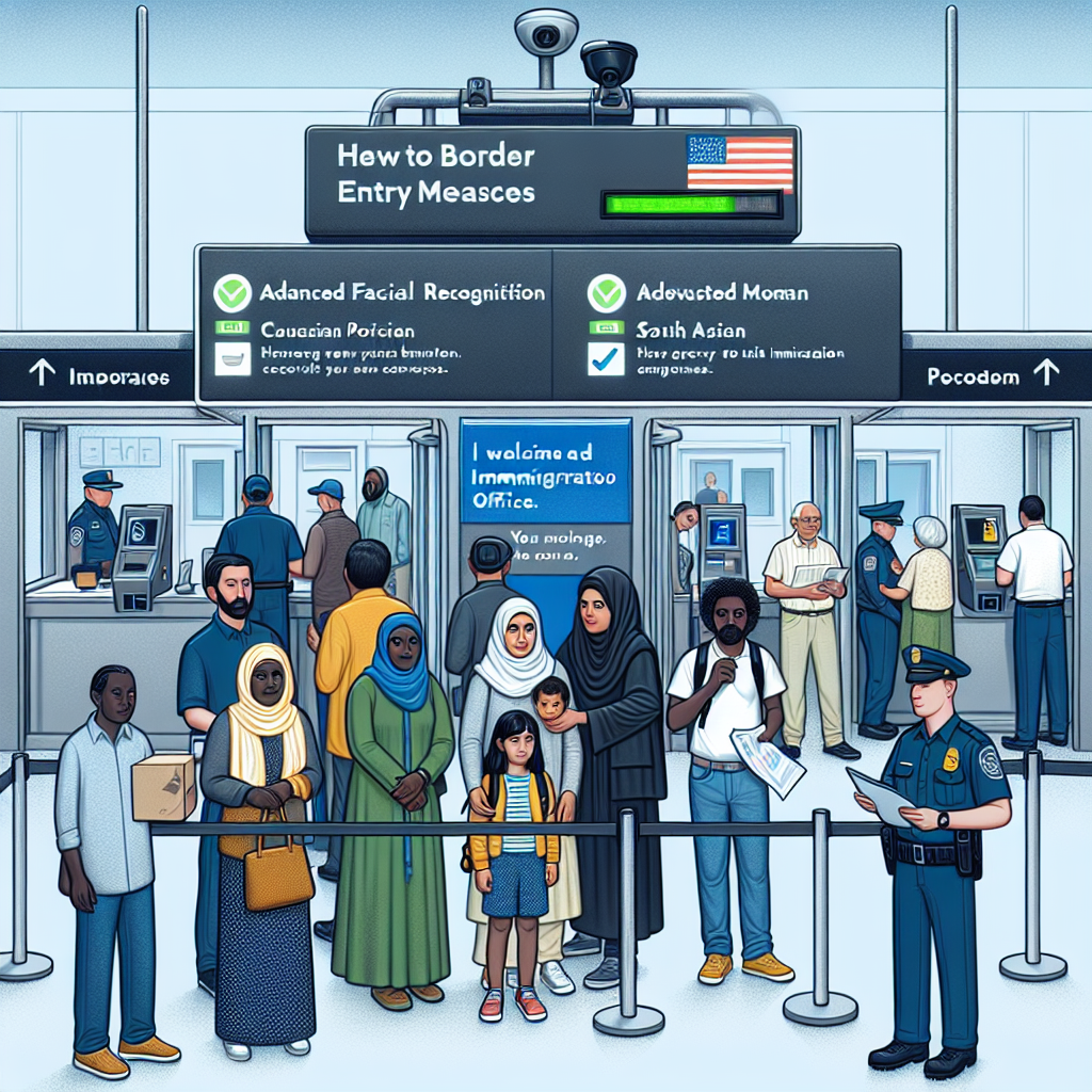 A detailed illustration of an updated border entry point showcasing new security measures. The scene should include high-tech surveillance systems, advanced facial recognition scanners, and updated immigration officer booths. It should also portray a diverse group of people waiting to pass through: a black woman with a child, a Middle-Eastern man holding official documents, a South Asian elderly couple, and a Caucasian young individual. Note: Keep the vibe neutral and positive, suggestive of welcoming and efficient immigration policy changes.