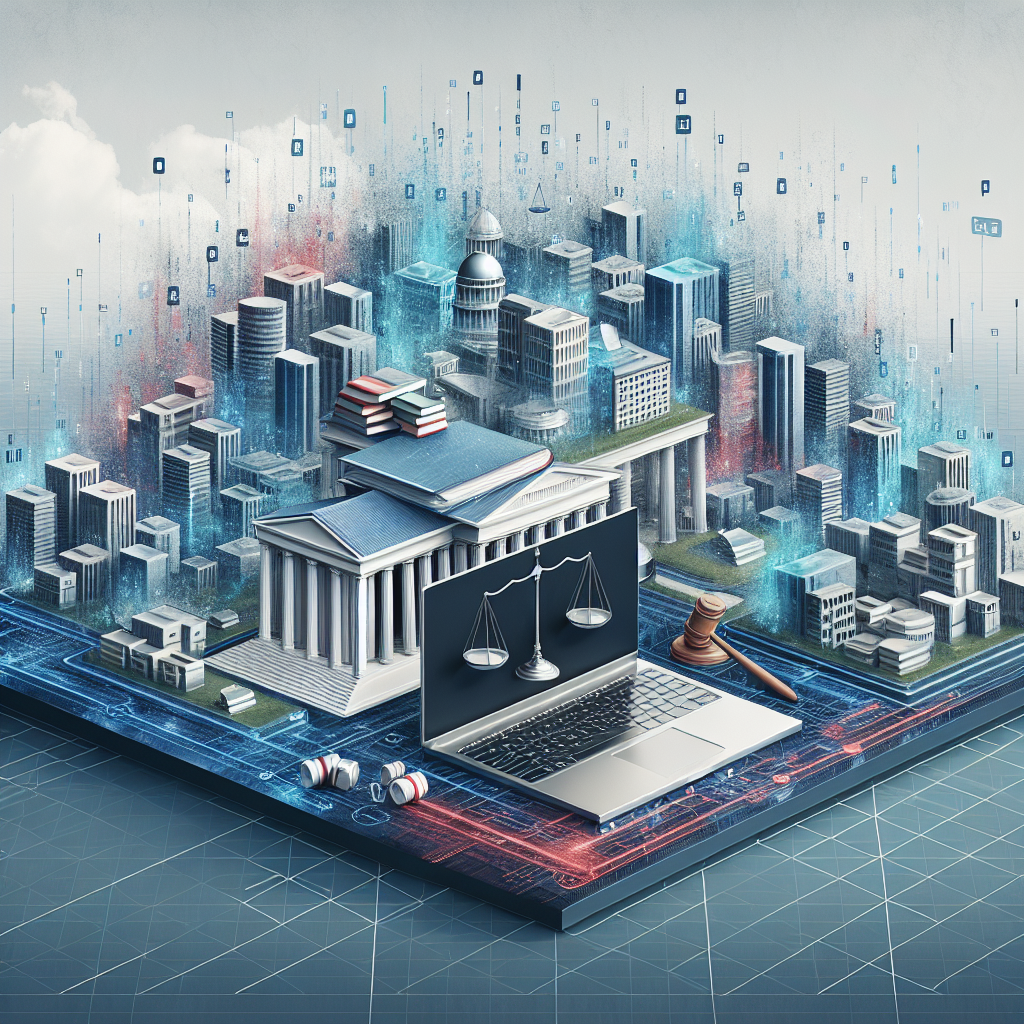A conceptual scene illustrating the regulations of artificial intelligence technology. Depict a sprawling, diverse cityscape in foreground and a silver laptop in the center, symbolizing technology. Emerging from the laptop screen, depict various symbols of laws and regulations such as scales of justice, gavel, and legal documents tied with a red ribbon. In the background, display a minimalist, non-specific representation of a governmental building with pillars, not resembling any existing building. Overlay the scene with subtle digital grid and binary code elements, hinting at the AI. The colors should primarily be blues and silvers, punctuated by the red of legal documents.