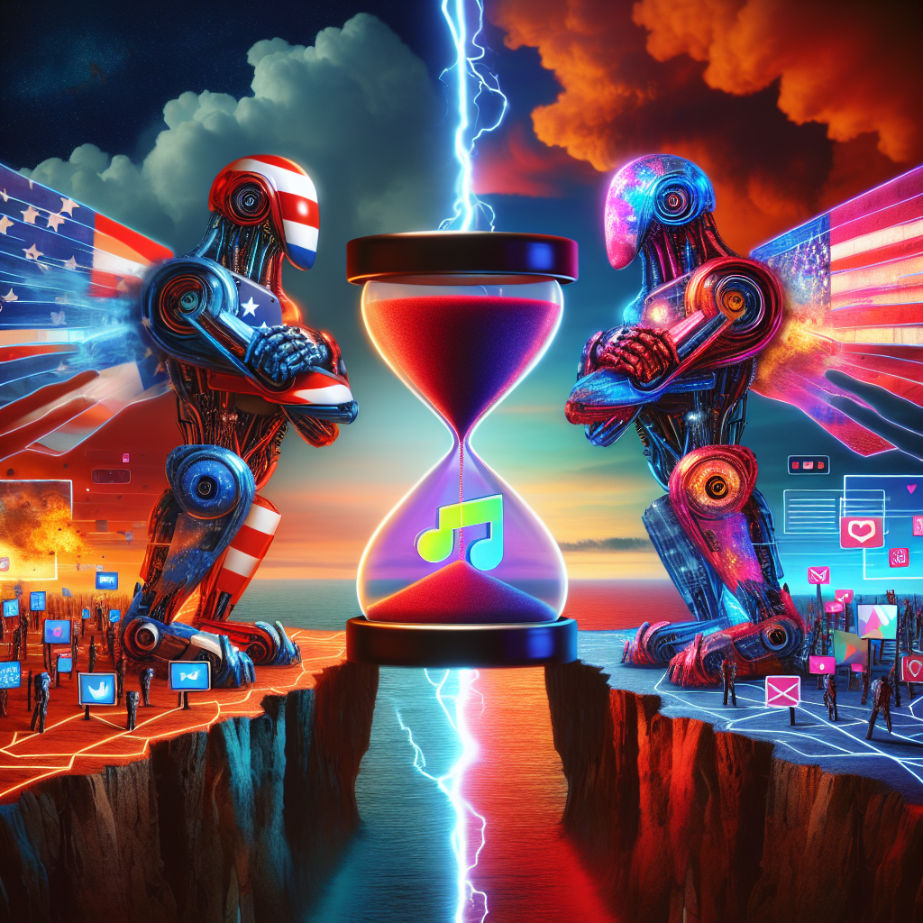 An abstract representation of tech tensions between two large countries, represented by two futuristic robots standing on opposite sides of a divide. The one on the left is colored with stars and stripes, embodying the first country. The other on the right is colored with red and gold, embodying the second country. In the middle of the divide, a digital hourglass with a logo of a vibrant music note, symbolizing a popular social media app, is being squeezed, representing an ongoing debate. The backdrop is a stormy sky highlighting the explosive nature of the situation.