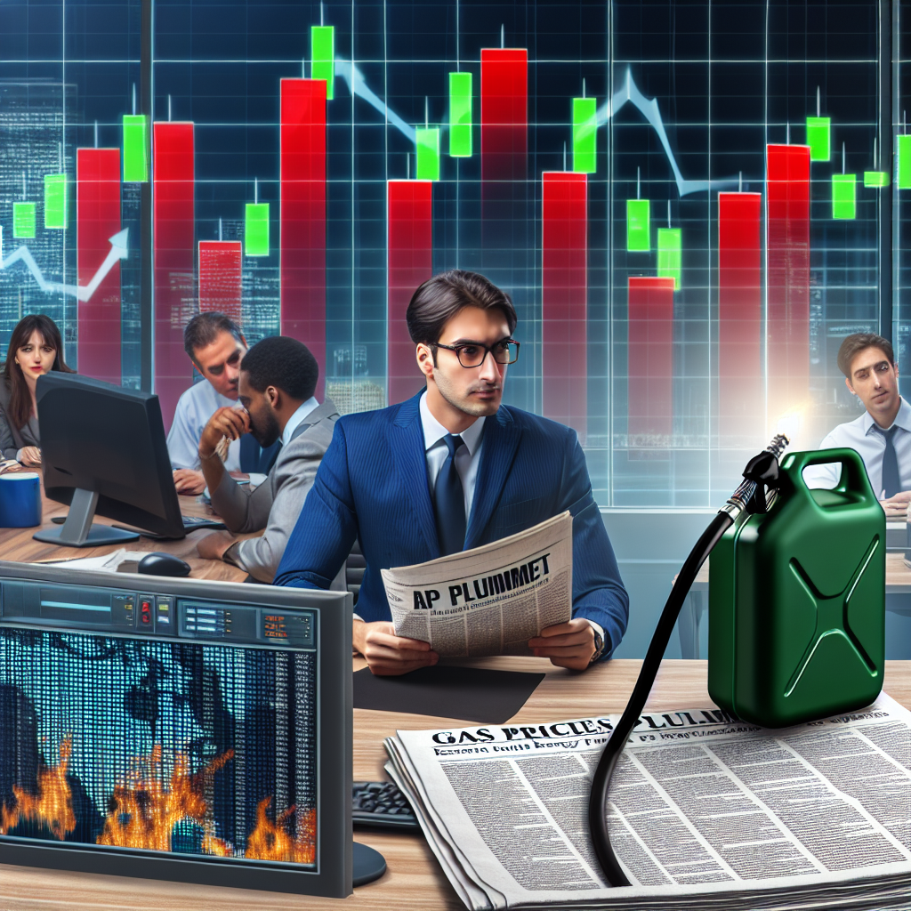 An image portraying the fluctuation of gas prices showing a graphic on a computer screen with red and green bars representing rising and falling prices. There's a newspaper on the desk having a leading headline that reads 'Gas Prices Plummet: Essential US Energy Policy Updates', beside a filled gas canister. There's a Caucasian businessman in a suit sitting at the desk, examining the changes with a focused expression. Background includes a busy office environment with a group of diverse coworkers: one a Middle-Eastern woman, one a Hispanic man, and another who is a black woman, all working cooperatively.