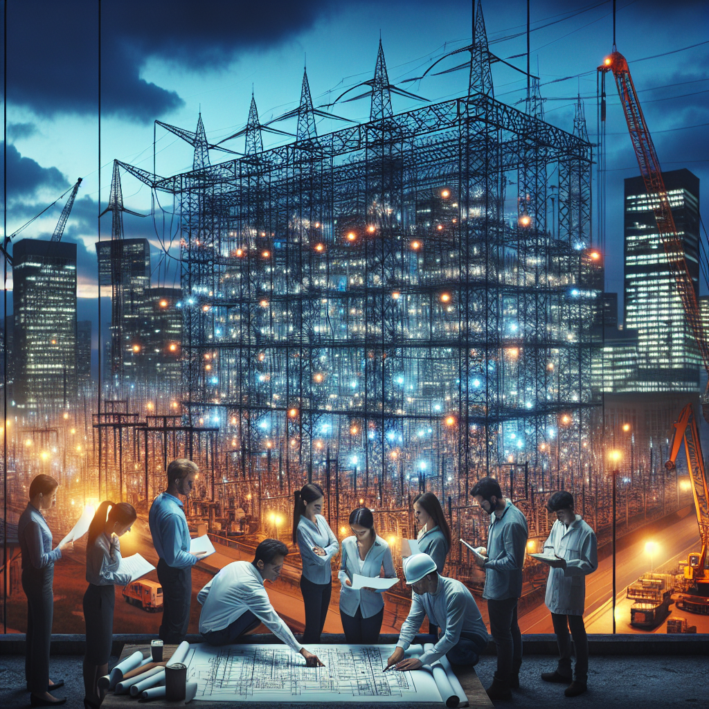 Picture an evening cityscape under a dusky sky. The tall buildings with thousands of windows twinkling with lights that are growing dimmer. On the side, a team of mixed descent and gender electrical engineers is hard at work by a colossal structure representing the power grid, filled with countless wires and circuits. They are examining blueprints, discussing, and pointing at the huge grid, indicating their plans to prevent a potential nationwide blackout. Meanwhile, cranes and trucks carrying heavy electric equipment indicate the ongoing preventive efforts.