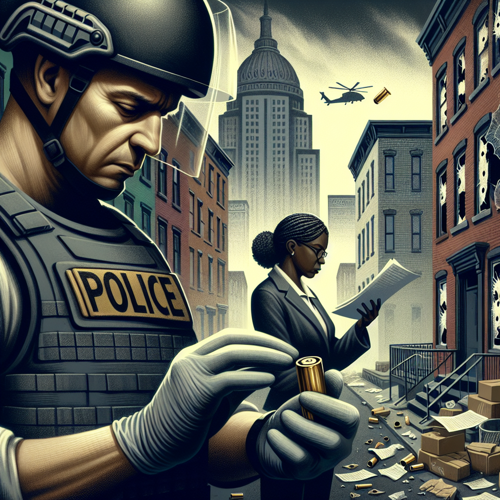 A somber depiction of a city block, including broken windows, bullet holes in walls, and discarded items suggesting a recent incident. In the foreground, a man of Hispanic descent in his 40s in protective gear like a vest and helmet, embodying a concerned law enforcement officer, is examining a spent shell casing with a gloved hand. Behind him, an African-American woman in her 30s wearing a suit is holding official-looking paperwork, embodying legislature or policies related.