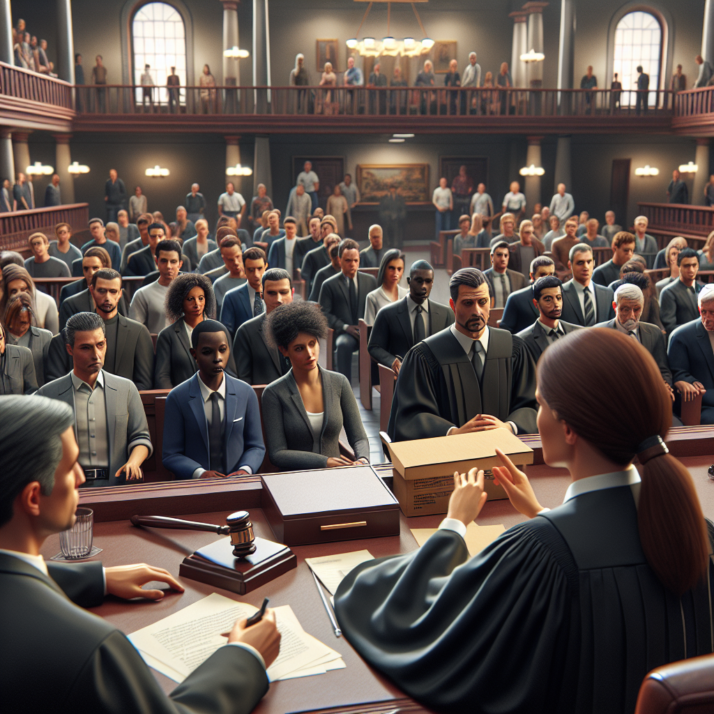 A well-detailed scene in a large, grand courtroom where a significant criminal trial is taking place. The location contains a judge, who is a Hispanic woman, an African American prosecutor, and a Caucasian defense attorney. They're engaged in a heated debate, with the prosecutor showing some evidence to the courtroom. There's a crowd of diverse spectators looking on with anticipation. All eyes are on the closed envelope on the judge's desk, symbolizing exclusive verdicts about to be revealed. The atmosphere is tense yet quietly respectful. Please, strictly avoid any specific real-world persons or cases.
