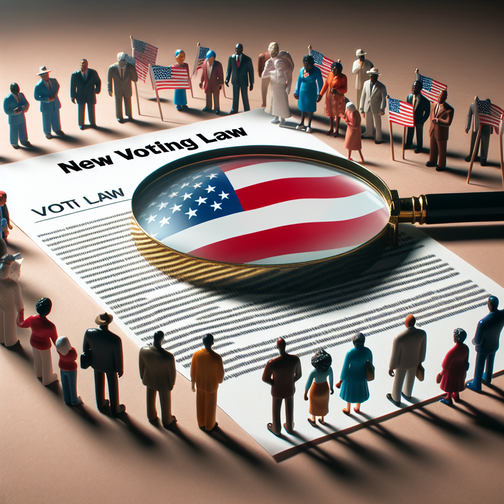 Visualize an image representing the concept of voting law changes. Display a magnifying glass hovering over a document titled 'New Voting Law', part of which should depict an American flag to denote US context. Also, include an array of miniature figurines representing diverse American voters (Hispanic female, Caucasian male, South Asian female, Black male, Middle-Eastern female, White Male), arranged around the document suggesting a sense of examination or scrutiny. Finish the scene with a vague haze hinting at an uncertain future, to signify the aftermath of elections.