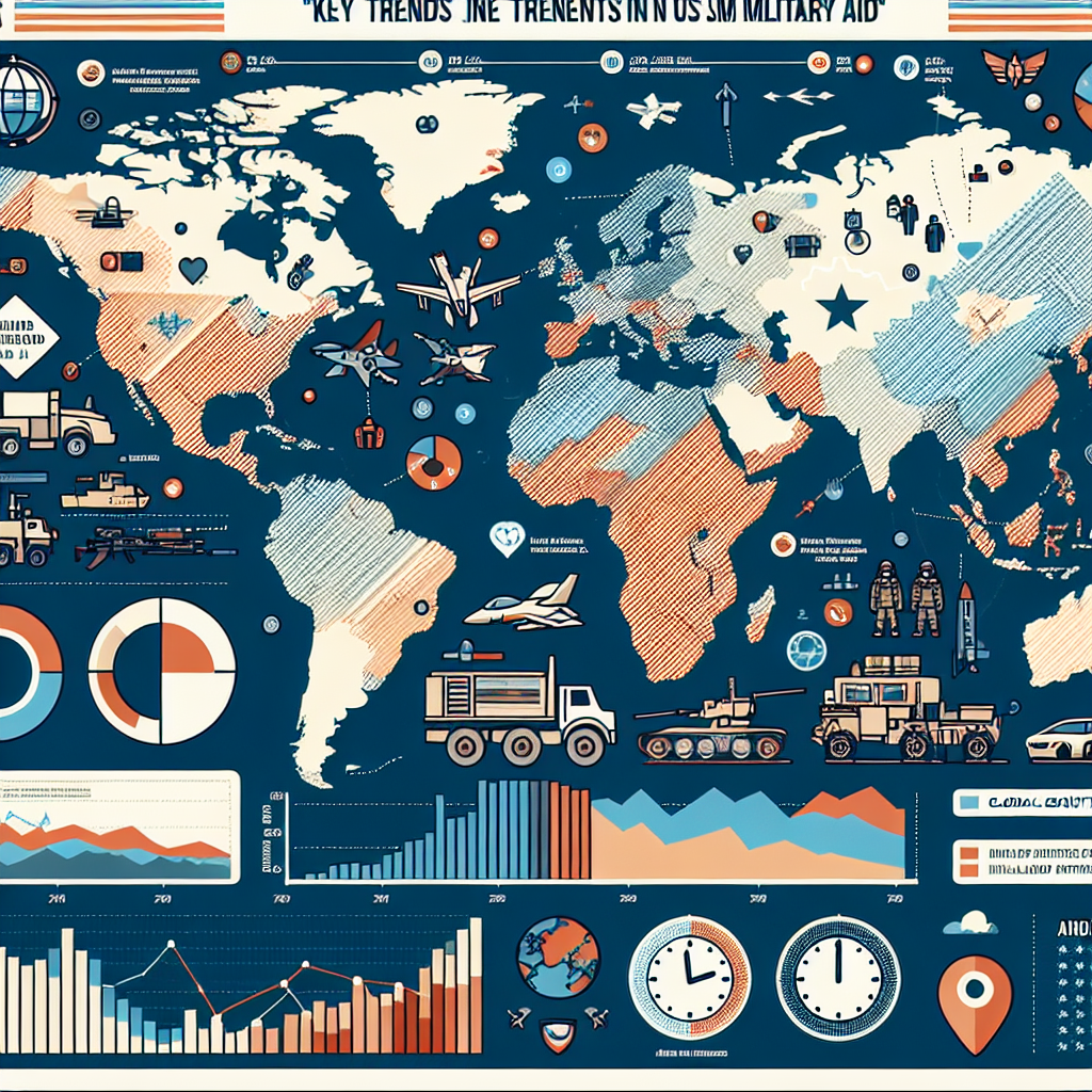 In the world map, mark out and illustrate the distribution of United States 'military aid' with distinct gradations of color to show the variety in quantity. Include annotations that outline the notable trends over the years. Also, add symbols or icons that represent military elements such as fighter jets, tanks and military vehicles. Show a small world clock in a corner, as an icon of 'global security commitments' and a large headline across the top stating 'Global Security Commitments: Key Trends in US Military Aid'. Make it look like an infographic.