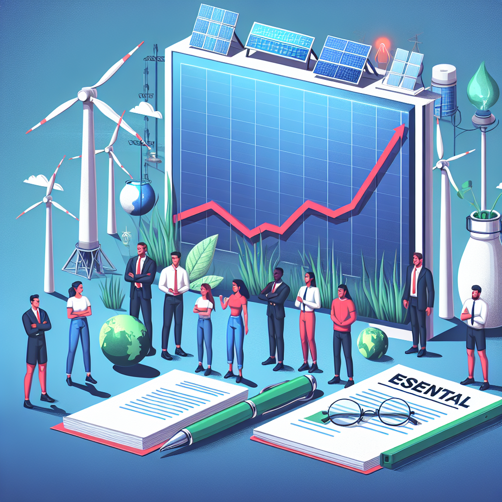 Illustrate the concept of clean energy investments impacting climate change legislation. Show a diverse group of people, composed of an Hispanic woman and a Caucasian man, standing in front of a large display of various forms of renewable energy (such as solar panels, wind turbines, and hydroelectric dams). Highlight a red line graph on the display, signifying the positive correlation between these investments and the decrease in carbon emissions. Additionally, depict essential documents related to climate change legislation laid out on a table in front, with a green pen and a pair of reading glasses next to them.