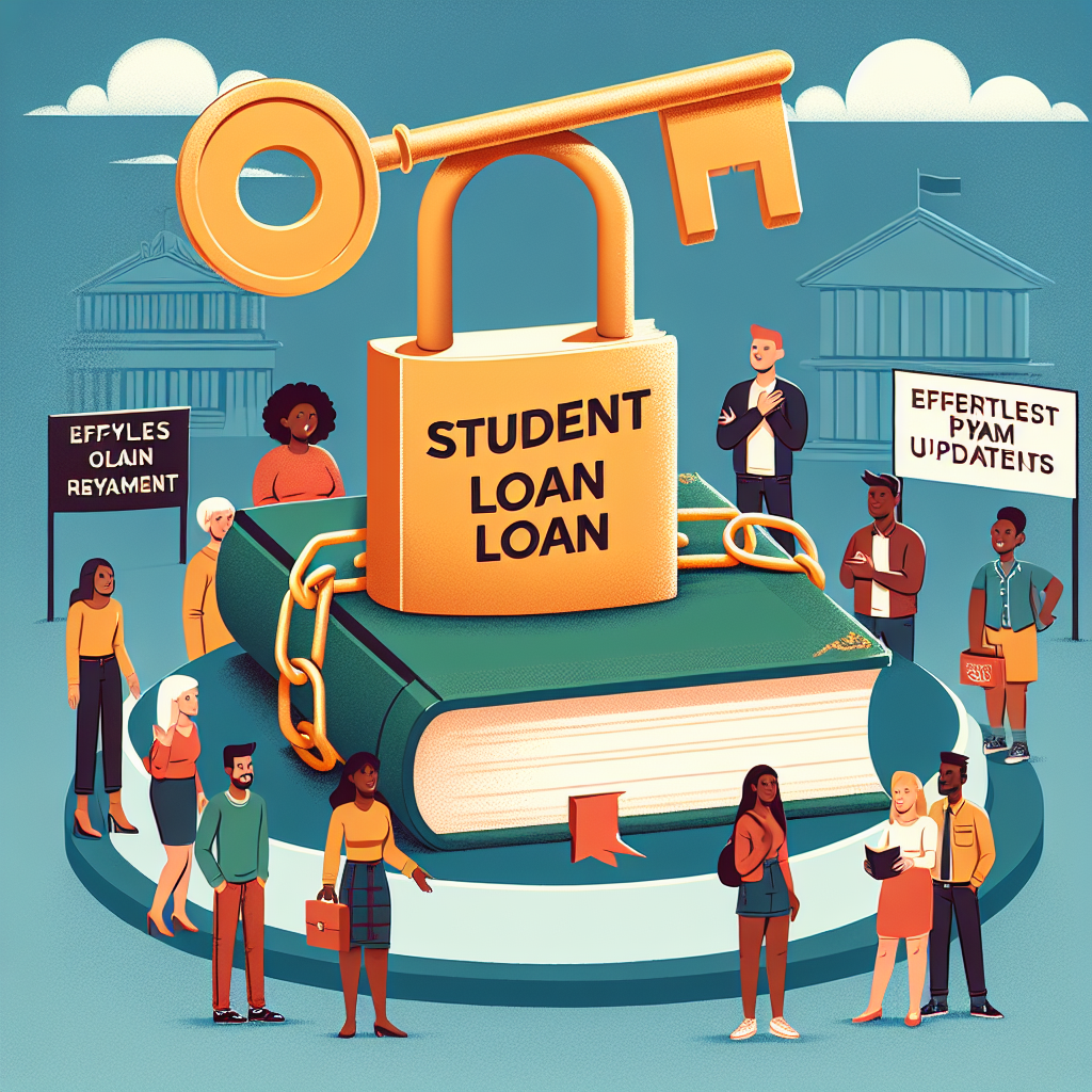 An illustrated representation of the concept of student loan forgiveness. The image features a book labeled 'Student Loan' with a padlock wrapped around it, positioned next to a giant golden key with the word 'Forgiveness' inscribed on it. The background can show a diverse group of students from varying descents and genders such as Caucasian female, Black male, Hispanic male, Middle-Eastern female, and South Asian female looking hopeful. In the sky, there's a sign displaying 'Effortless Repayment Updates'. The overall tone should be optimistic, and the style should be simple, clean, and professional.