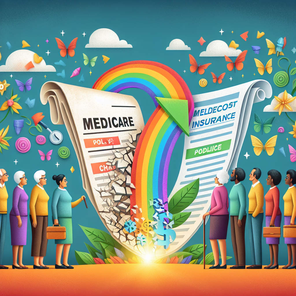 Visual representation of the changes in Medicare insurance. Shows the transition of an old, crumbling policy document with an elevated cost symbol on it into a new, shining document with a reduced cost symbol on it. There is a vibrant rainbow arcing between the two documents representing change and hope. A diverse group of people of different genders and descents, such as Hispanic woman, a Middle-Eastern man, a South Asian elderly man, and a Black woman, all onlooking the transformation with curiosity and anticipation.