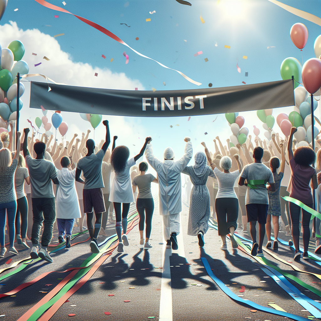 Scene of an outdoor celebration where an anonymous group of people are seen celebrating different health milestones. Arm in arm, they cross a metaphorical finish line made of colorful streamers. The sky is bright and clear, symbolizing hope and victory. Each participant is diverse in gender and descent, including figures that are Black, Hispanic, Middle-Eastern, and Caucasian, ranging from teenagers to seniors. They hold banners with inspiring messages like 'Victory over Illness', 'Triumph in Health' and 'Journey to Wellness'. Balloons and confetti fly high, creating a victorious and joyful atmosphere.
