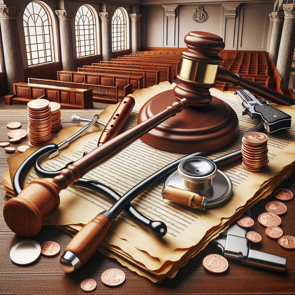 Image of an ornate gavel on top of numerous legal parchment documents, representing judicial power. Beside them lie three symbolic items: a medical stethoscope symbolizing health care and the abortion topic; a wooden toy gun representing the gun laws debate; and a pile of coins and a diploma, representing the subject of student loans. The background is the interior of a traditional courtroom with high ceilings, arched windows and rows of wooden benches. Note: All elements should be stylized and not represent any real items or persons.