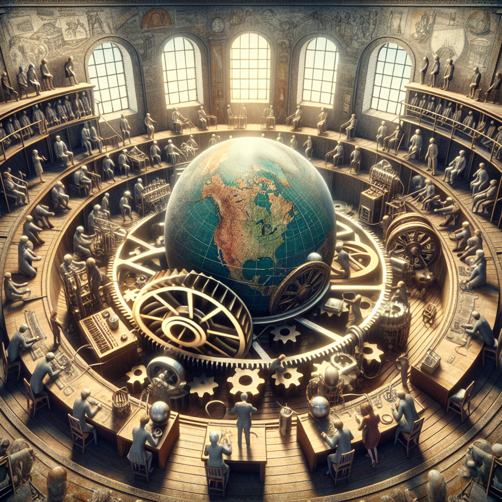 Generate an image symbolizing 'Federal Reserve Interest Rate Decisions: Best Strategies for Inflation Control'. Picture a room filled with various figures, depicted as cogs in a well-oiled machine. They're all tirelessly working on turning a vast wheel that is representing the economy. This machine, set in 17th-century architectural design, is right in the middle of a giant sphere that portrays inflation. The sphere is controlled by a tug of war between two robust representatives of different descents; one Caucasian female and a Middle-Eastern male, symbolizing the constant pull and push of economic decisions and strategies.