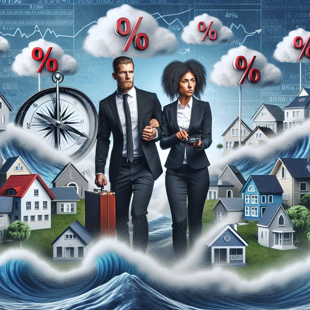 An image showing a Caucasian male and a Black female, both dressed in formal business attire, navigating through an ocean of houses. The ocean waves are made up of houses of different styles and sizes while the sky is filled with percentage symbols in cloud form, representing rising mortgage rates. They are using a compass and a map that shows various routes, symbolizing different strategies. The two individuals convey a sense of calm and determination in their expressions.