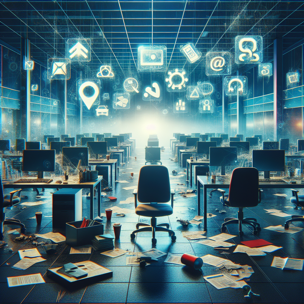 Create a striking image that communicates the theme of tech layoffs. Visualize a vast office space with empty chairs and desks, illuminated by the glow of abandoned computer screens still displaying the logos of major tech companies, such as a search engine symbol, an e-commerce icon, a social networking symbol, and an electric car symbol. Scatter around scattered resumes, rumpled papers, and half-full coffee cups to enhance the mood of sudden departure.