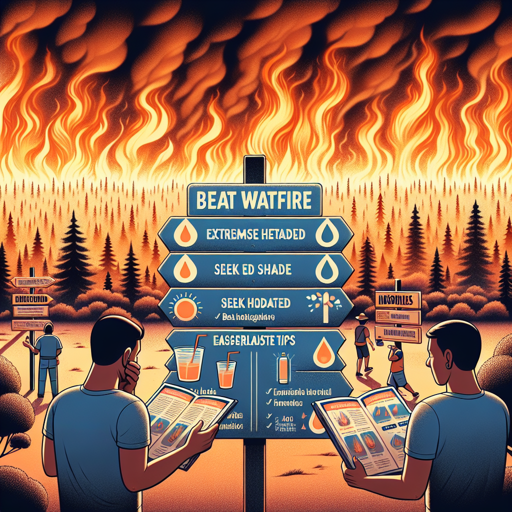 Imagine a scene capturing the severity of a wildfire emergency, with raging flames engulfing a dense forest. In the foreground, clearly mark educational signboards with effortless tips on how to beat extreme heatwaves. Tips may include staying hydrated, seeking shade, or wearing light-colored clothing. Show some people, a Hispanic male and a South Asian female, reading the signboards and following the advice depicted. The sky is orange and smoky, further emphasizing the dangerously hot environment. This image represents the contrast between active disaster management and the wild, unchecked power of nature.