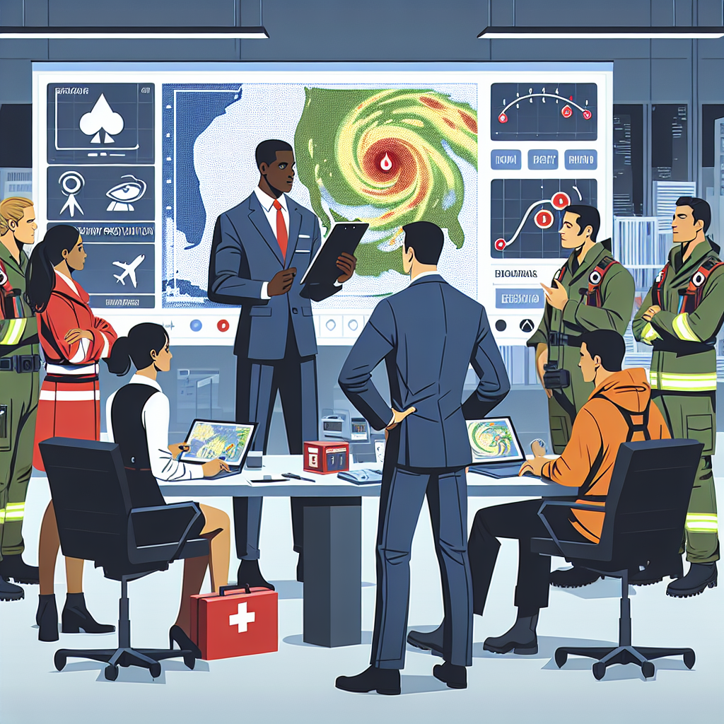 Illustration featuring a diverse group of people gathered around a large, digital screen displaying real-time weather updates. In the foreground, an African American man in professional attire is briefing his team about a sanitary precautions from a clipboard. To his left, a Caucasian woman in a raincoat is checking a hurricane tracking map on her tablet. On the right, a South Asian man is conversing with a Hispanic woman, both dressed in emergency response uniforms, discussing evacuation routes. The room is located in a modern office environment, filled with equipment ranging from weather radars to emergency kits, illustrating the extreme preparedness of the team.