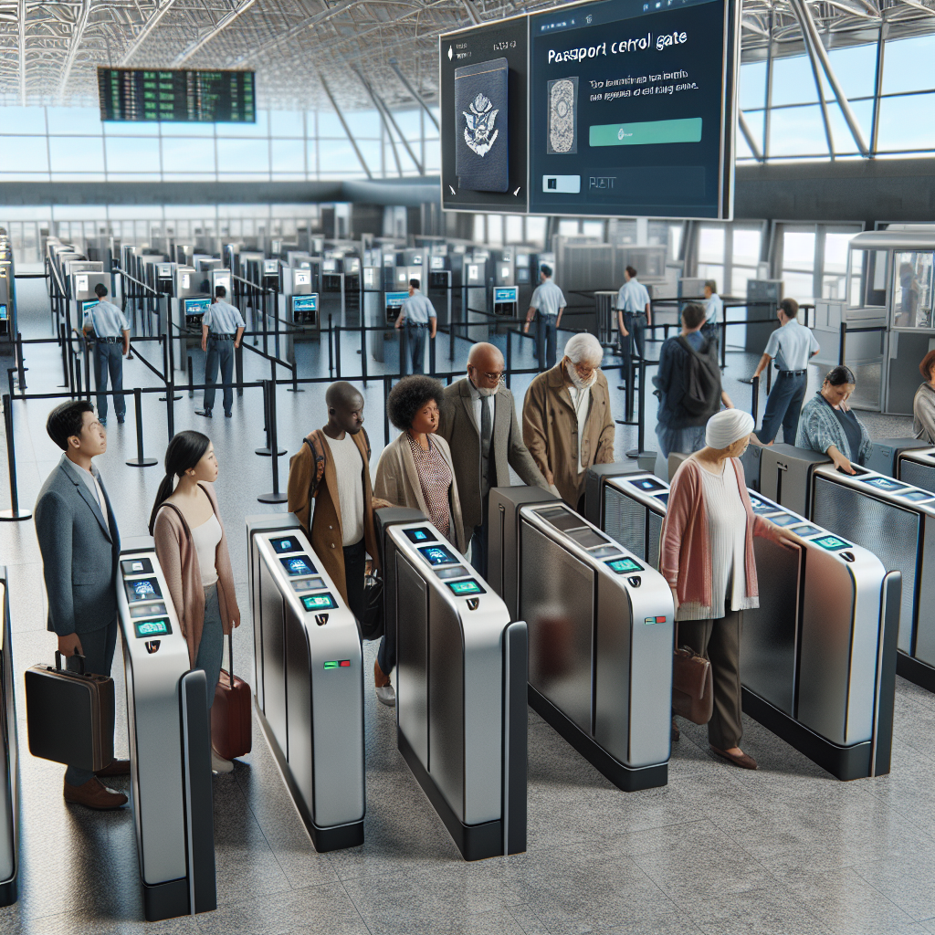 Generate an image of a modern border security checkpoint, equipped with advanced technology. Show a diverse group of travelers, an Asian woman, a Black man, a Caucasian elderly couple, and a Middle-Eastern family, going through automated passport control gates. Display a digital signage nearby indicating a message about recent updates on the US Immigration rules. Make the setting calm and orderly, depicting the seriousness and complexity of the, yet efficient, immigration process.