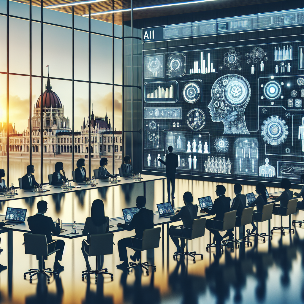 Visualize a modern, well-designed meeting room filled with diverse professionals engaged in a discussion about artificial intelligence. There is a digital whiteboard displaying infographics on AI best practices. On one corner, there's a table filled with futuristic AI gadgets and tools. Outside the window, we glimpse the silhouette of an impressive government building which signifies a place of important decision-making, not a specific real-world location. Importantly, there are no explicit references or symbols linked to any specific government body or political figure.