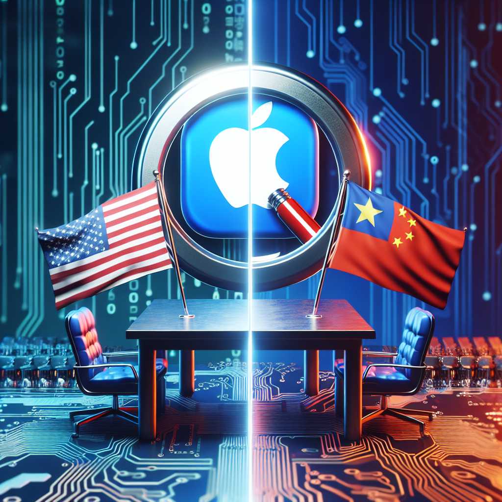 Visualize an abstract concept of a high-stakes debate over a famous social media application, symbolized by flags of the United States and China on either side of a split table. There's a magnifying glass over the application icon, representing a close inspection or analysis. In the background, a tech-themed backdrop, consisting of circuit diagrams and binary code. Please note: Do not use the specific logo or name of any social media platform.