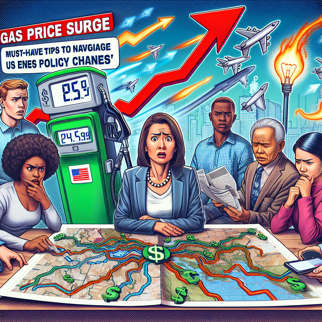 Image concept: On the left, there's a confused-looking middle-aged Caucasian woman holding a gas pump with rising dollar values displayed on it, representing the gas price surge. On the right, a diverse group of people, including a young Black man, an elderly South Asian woman, and a Hispanic man studying a large map that symbolizes the US energy policy. The map is filled with varied paths, pitfalls, and treasure spots, signifying changes and potential opportunities. Above them, the headline 'Gas Price Surge: Must-Have Tips to Navigate US Energy Policy Changes' flashes brightly, attracting attention.