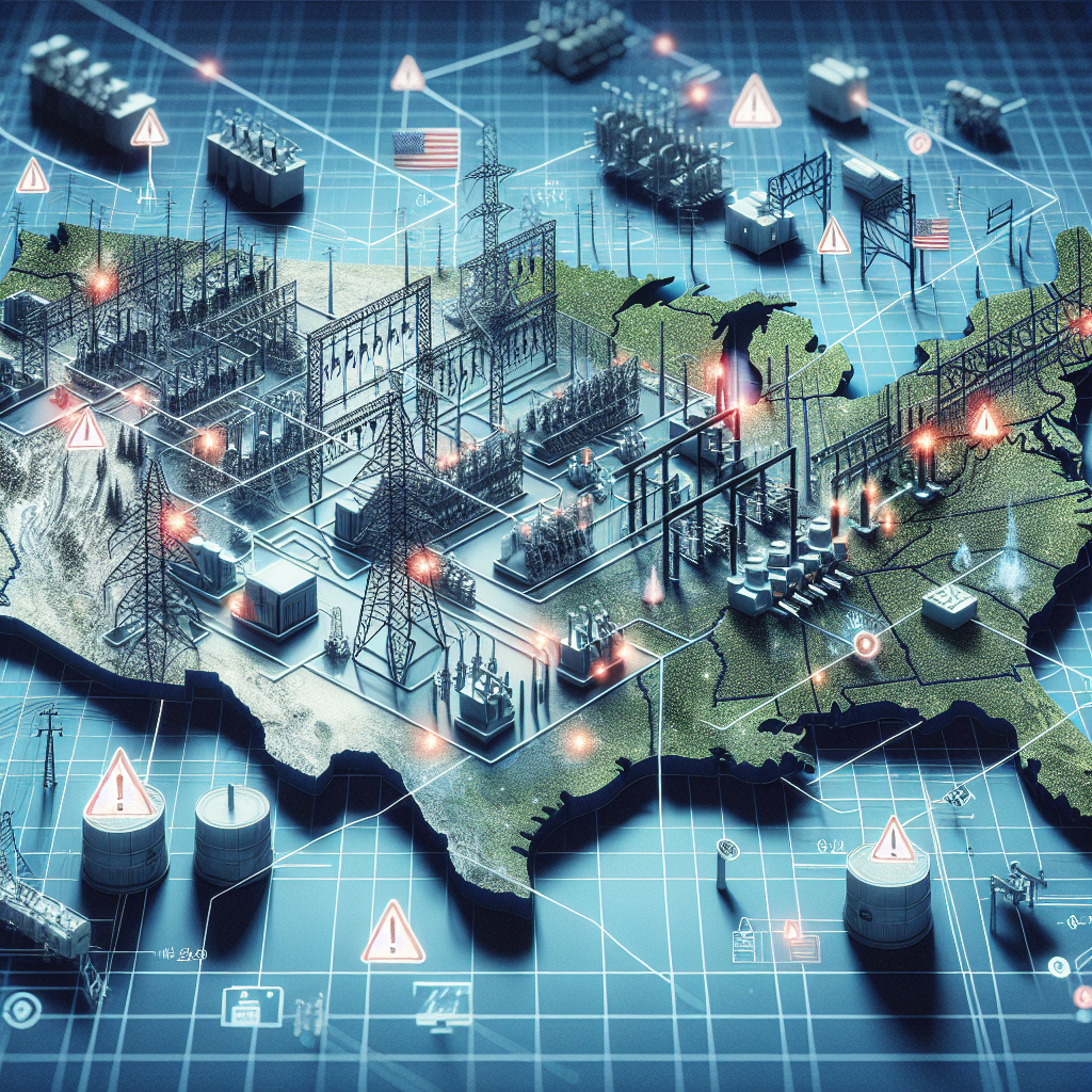 A detailed illustration showing a nationwide power grid system with interconnecting power lines overlaid on a map of the United States. The map is dotted by miniature power plants and electricity substations connected by electrical transmission lines. Emphasize a few power plants in shutdown mode symbolized by red warning icons, indicating their failure. Overlay graphics of steps indicating preventative measures, such as regular system checks and the installation of backup power sources, in order to reduce the risk of a nationwide blackout. Include symbols to represent cybersecurity components to indicate the importance of protecting the grid from hacking attempts.