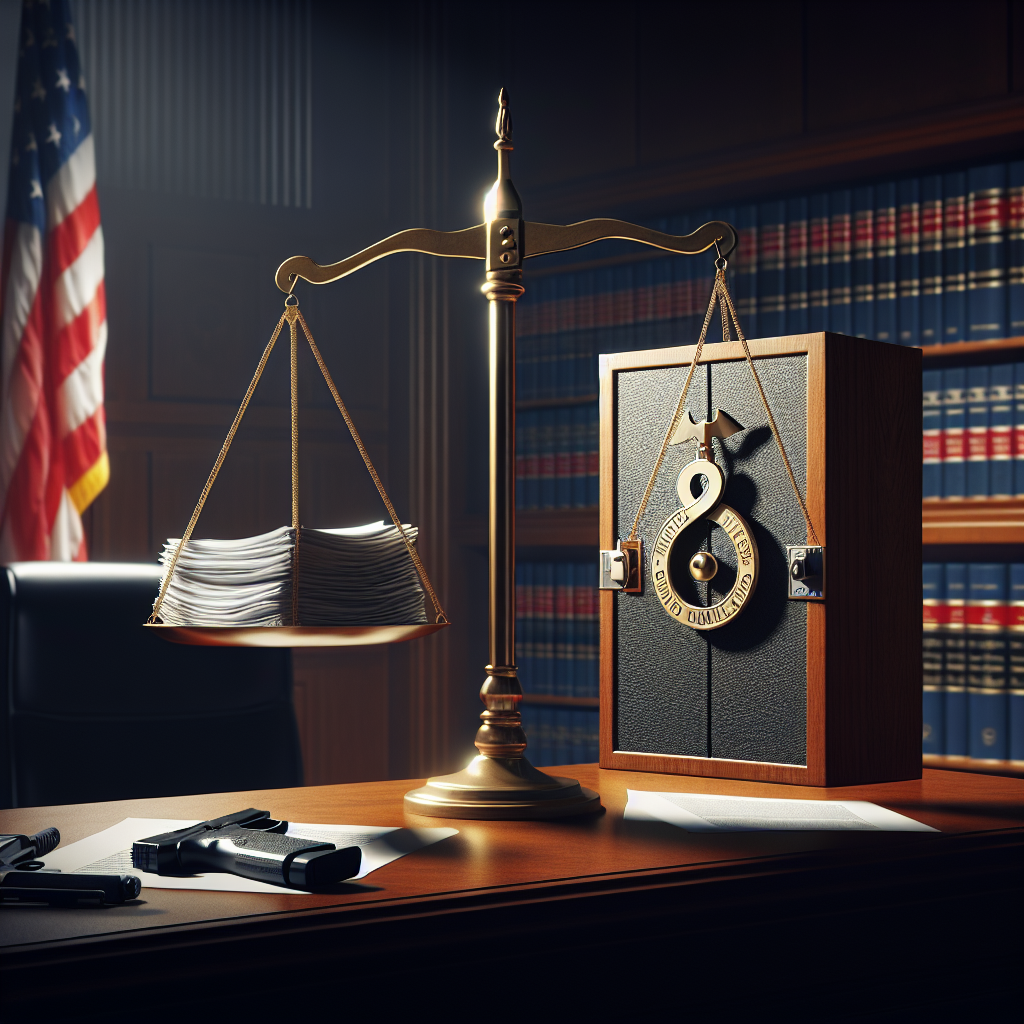 A concept image for an article detailing the measures of Federal Gun Control Legislation aimed at limiting gun violence. The scene should depict a balanced scale - an emblem for justice - on a desk in a government office; one side of the scale is weighed down by a pile of legal documents signifying the legislation, opposite to an upright, securely locked gun cabinet symbolizing controlled firearm possession. The background should illuminate the American flag, subtly hinting towards the issue's amplification at the national level. Please maintain an overall sober, professional atmosphere for the image concept.