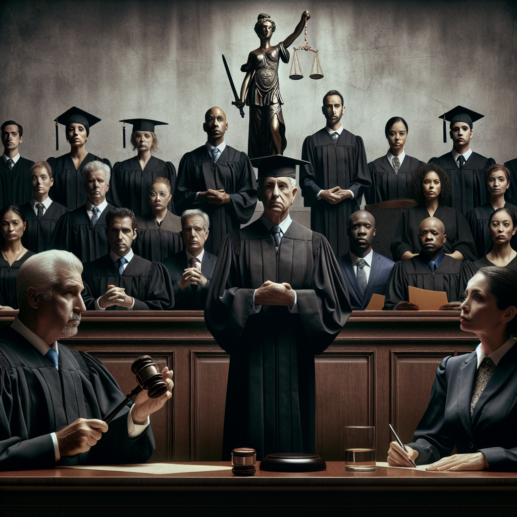 Visualize a tastefully dramatized scene within a courtroom during a decisive moment in a criminal trial. The composition carries the weight of the United States justice system, represented by an older Caucasian male judge adorned in traditional black robes, a symbolic gavel in hand. In contrast, we see a diverse panel of a Hispanic female prosecutor, a Middle Eastern defense attorney, and jury members of various descents - Asian, Black, Caucasian, among others. All eyes are on a sealed envelope containing the pivotal verdict to be unveiled. The image exudes a palpable sense of gravitas and tension characteristic of such sobering legal proceedings.