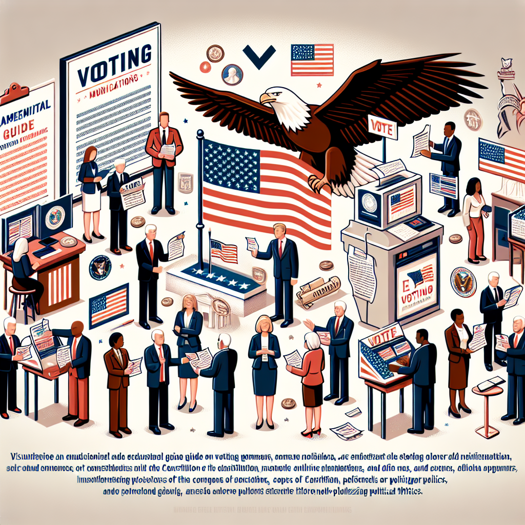Visualize an educational guide on voting law modifications. Display a diverse group of citizens interacting with various voting mechanisms such as ballots, voting booths, and online platforms. Ensure a pleasant, user-friendly environment. Include notable items related to American democracy such as copies of the Constitution, flags, and eagles. Employ a neutral color palette representative of non-partisan politics. Please avoid any references to specific politicians or public figures, and also abstain from portraying polarizing political themes.