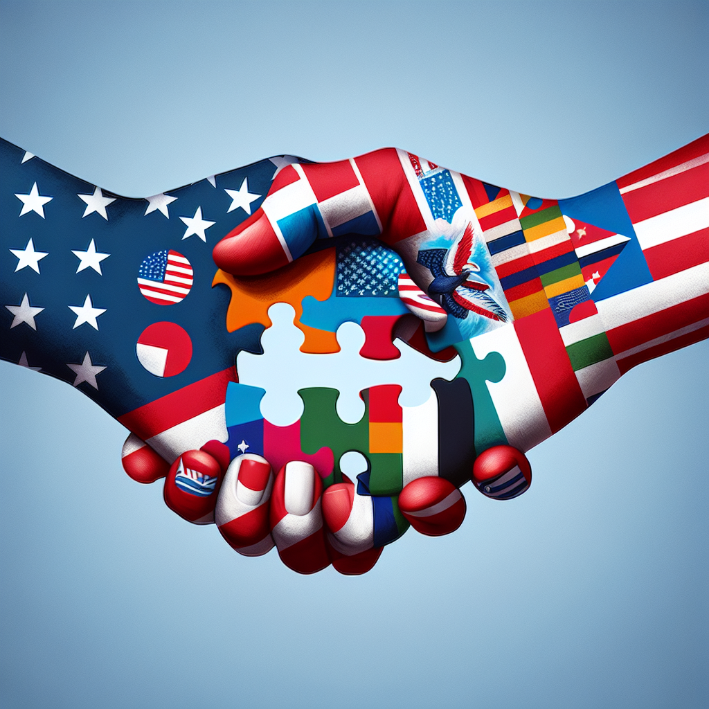 Illustrate the concept of global security enhancement and international aid with a symbolic image. A pair of hands, one painted with the flag of the United States and the other in multiple colors representing various nations of the world. The hands are exchanging puzzle pieces. Each puzzle piece symbolizes different strategies like diplomatic negotiations, economic subsidies, and military support. Remember to keep the focus neutral, emphasizing the partnership and shared goal of global security, rather than any geopolitical superiority.