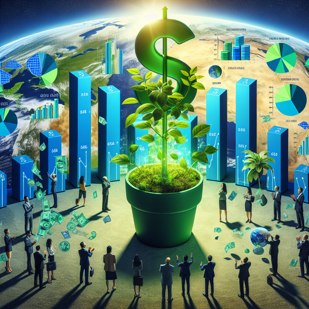A visualization demonstrating clean energy investments. The central focus is a large, vibrant green plant thriving in a pot shaped like a dollar sign to symbolize growth and economic prosperity. Surrounding it are bar graphs and pie charts in varying shades of blue, indicating rising investments in sustainable energy sources such as solar panels, wind turbines, and hydroelectric dams. Individuals of diverse gender and descent are seen as investors and legislators, discussing and applauding the progress represented by the charts. The backdrop is a pristine vista of Earth from space, highlighting the global scope of climate change and the unified effort to combat it.
