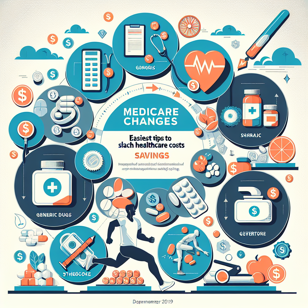 Visualize an informative and straightforward setting related to healthcare cost savings. The main focus should be a large scale, intricately structured by with several sections. These sections are filled with various essential healthcare images such as professional prescribed medications, generic drugs, stethoscope, healthy fruits and vegetables and a person doing exercise (a fit Asian male jogger). Also include icons of attention-grabbing arrows and dollar signs indicating savings, all embedded on a lighter shade background. Add a banner at the bottom displaying 'Medicare Changes: Effortless Tips to Slash Healthcare Costs'.