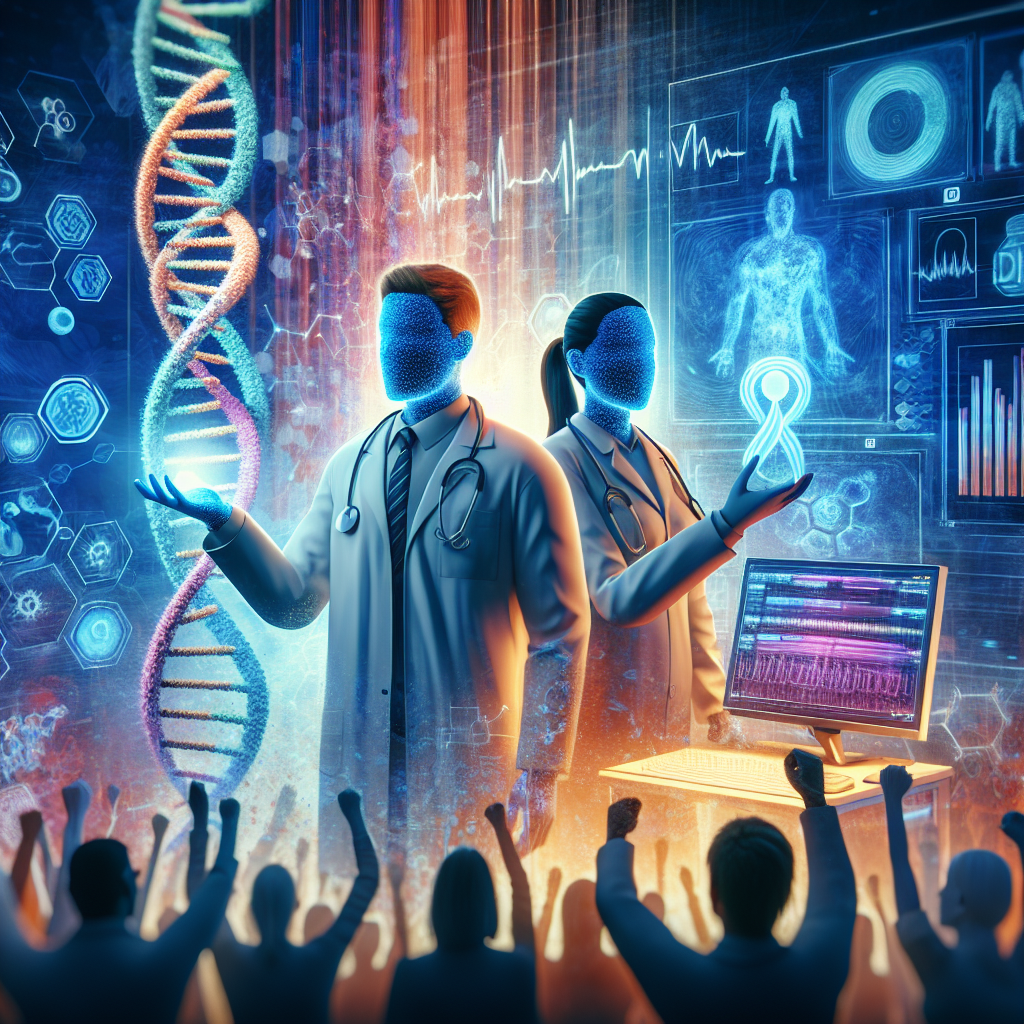 Render a vibrant, colorful image that captures the essence of major health advancements. Projected in the foreground, show two anonymous, non-specific individuals in lab coats, portraying the excitement of a breakthrough. The first person, a Caucasian male, is holding up a glowing representation of a DNA helix as if it's a discovery. The second person, an Asian female, is working on a high-tech computer displaying complex bioinformatics. In the background, illustrate an abstract silhouette of a crowd cheering, symbolising public enthusiasm. Keep the facial features indistinguishable to avoid any real-life personality resemblance. Incorporate a blend of blues and whites to emphasize the healthcare theme.