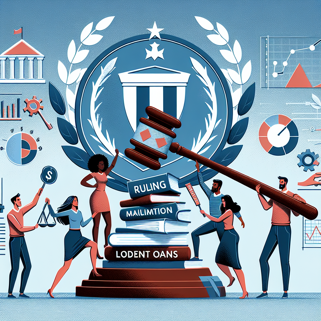 An illustration representing student loans ruling: A group of diverse students - a Black woman, a Caucasian man, a South Asian woman and a Middle-Eastern man - are triumphantly over-playing a giant gavel, symbolizing ruling, over a pile of loan documents. Behind them is an emblem of a shield and wreath indicating protection and victory. On the horizon, we see diagrams and symbols denoting strategic planning and maximization, such as chess pieces, graphs, and arrows pointing upwards. The overall tone of the image is empowering and hopeful.