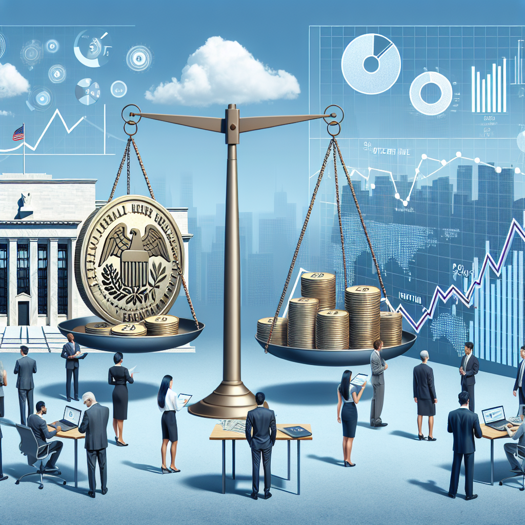 Create a detailed scene illustrating the concept of Federal Reserve Interest Rate decisions and their role in optimizing inflation. Include elements like a large metallic scale balancing coins representing interest rates and inflation, economic graphs and charts projected into the sky, a symbolic representation of the Federal Reserve building, and businesspeople of various genders and descents analysing data. The setting should be an open-air space on a clear afternoon.