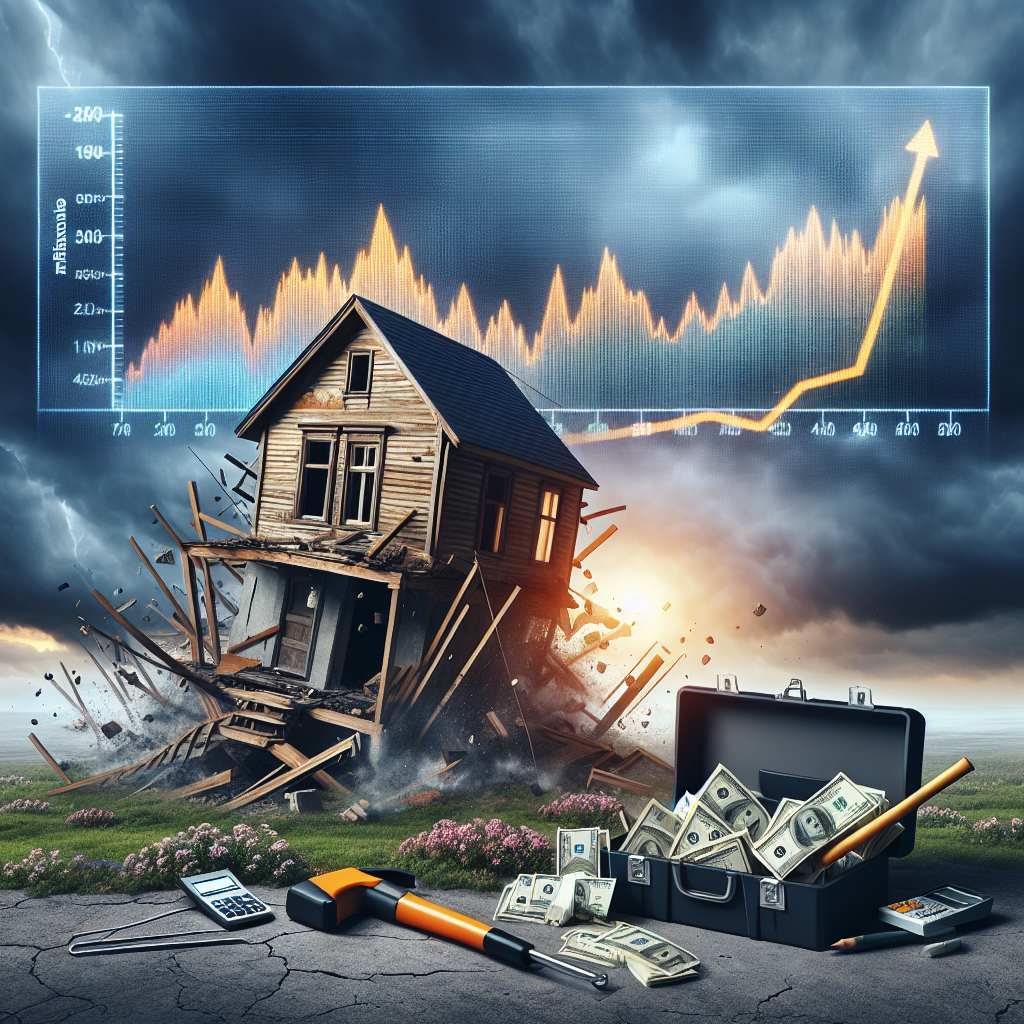 Imagine a visually striking image that can effectively represent the concept of the US Housing Market Crisis. The picture should contain an animated representation of a traditional wooden house with shaking foundations, alluding to the instability of the market. In the front, show a visually distorted graph representing rising mortgage rates. Next to the house, place a toolbox filled with strategies like refinancing, loan modifications, and payment assistance plans, symbolizing the solutions. This complex scene is set under a stormy sky to suggest economic turbulence, but a far-off sunrise on the horizon signifies hope and resilience.