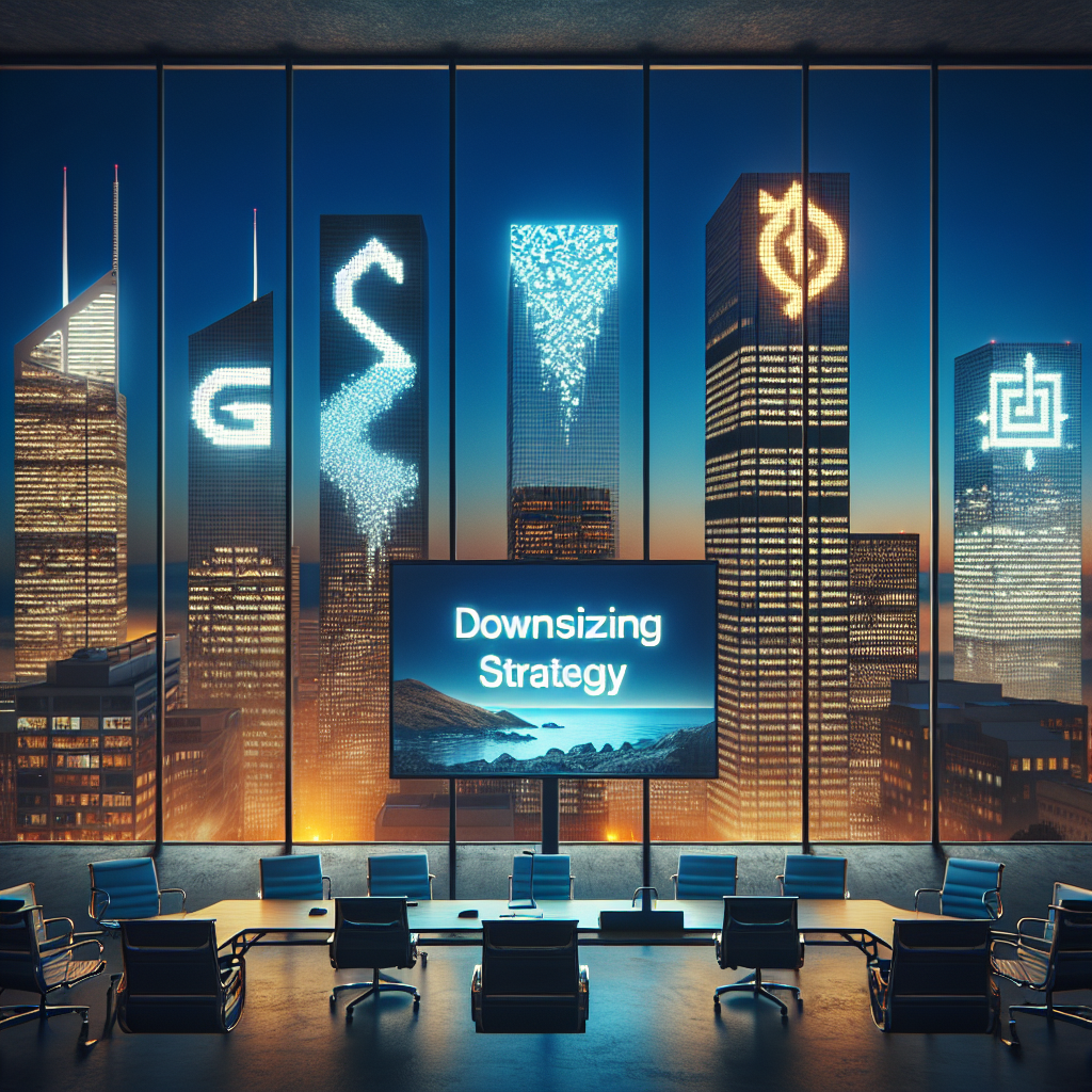 A cityscape in twilight, with glowing office building signs dimming, to symbolize the corporate world. Foregrounded is a conference room bearing an abandoned presentation slide titled 'Downsizing Strategy', visible through a glass wall. Four logos are subtly integrated into the cityscape, representative of tech companies undergoing changes, without naming them directly: a stylized 'G' painted on a building, an abstract river-like symbol on a billboard, a metamorphic geometric pattern on a skyscraper's facade and an electric car on a digital billboard. The atmosphere is solemn but hopeful.