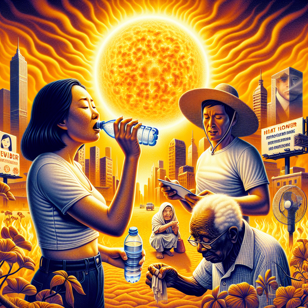 A striking illustration of a scorching sun radiating intense heat over a cityscape with wilted flora. In the foreground, an Asian woman is diligently hydrating herself with a bottle of water, her forehead beaded with perspiration. Beside her, a Caucasian male is seen helping his elderly Middle-Eastern neighbor with a hat that shades her from harsh rays. Furthermore, an African man is observed setting up a portable fan. Looming in the backdrop, billboards display tips on heatwave safety measures. The image should have an alert and prevailing sense of hot, dry atmosphere, yet showcase resilience and precautious behaviors.
