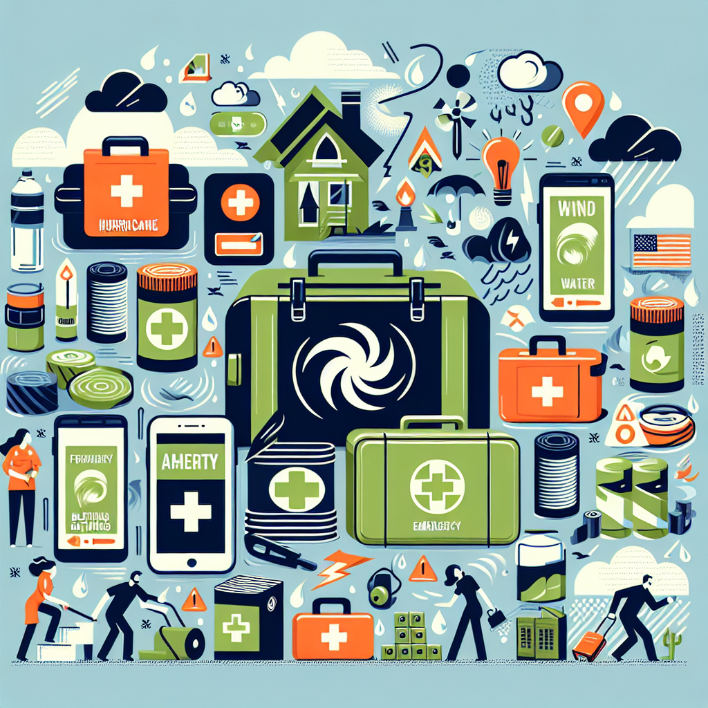 Illustrate an image that resonates with the concept of emergency preparedness during hurricane season. This can include the likes of emergency kits with essential supplies such as canned food, water, first-aid kits, batteries, flashlights, and portable radios. Intertwine elements indicating a hurricane, like wind symbols and rain. Additionally, incorporate visual cues related to alerts, like a smartphone displaying a weather warning. To make it a more realistic scenario, add figures of people of varying descents and genders preparing their homes for the impending storm, like boarding windows or stacking sandbags.