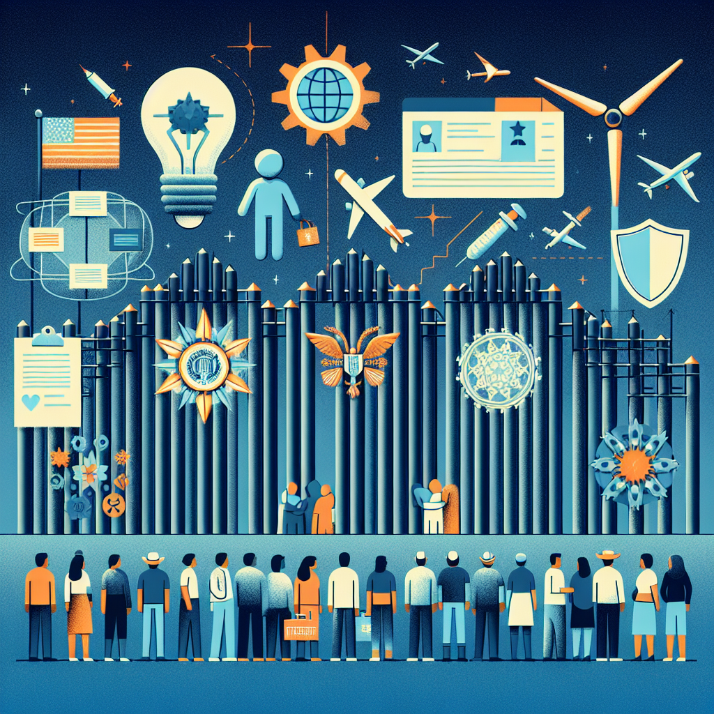 Design an illustration capturing the essence of the topic 'Immigration Policy Changes Boost Border Security Efforts'. Present the complexities of the policy changes and their impact on border security. The image should depict metaphoric representation of boundary walls being fortified, signifying stronger border security, alongside symbols of policy documentation implying changes. Also, portray individuals, an equal number of male and female, from various global descents like Caucasian, Hispanic, Middle-Eastern, South Asian, and Black, indicative of global immigration issues.