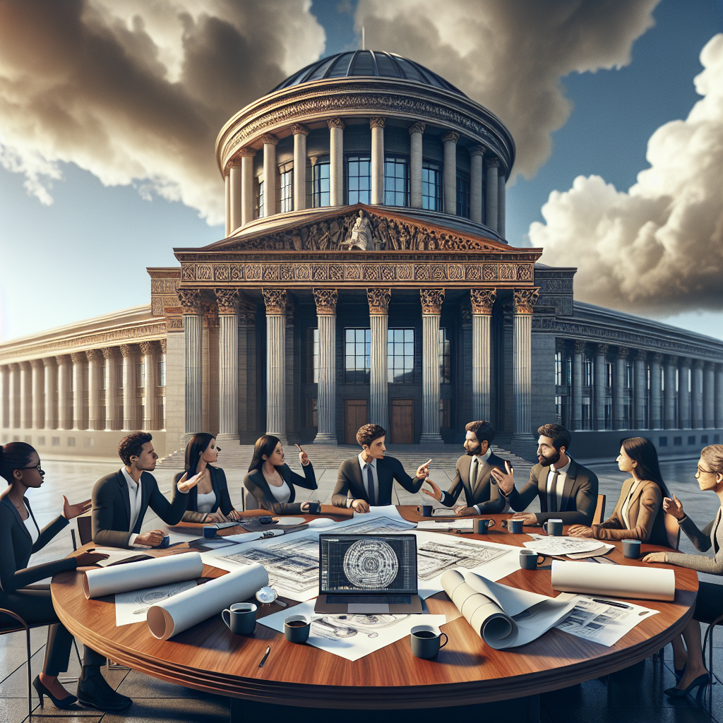 An imposing governmental building with neoclassical architecture, prowled by sunlit clouds overhead. The foreground hosts a large polished wooden round table. Spread over the table are multiple documents, some rolled up blueprints, a laptop showcasing AI graphics, and coffee mugs. A diverse group of people, including a Black woman, Caucasian man, Asian woman and Middle-Eastern man, are engaged in heated discussion, pointing towards the documents, blueprints and laptop. They represent different professions - an academic, policymaker, scientist and jurist. No labels on the building, people, or artifacts.