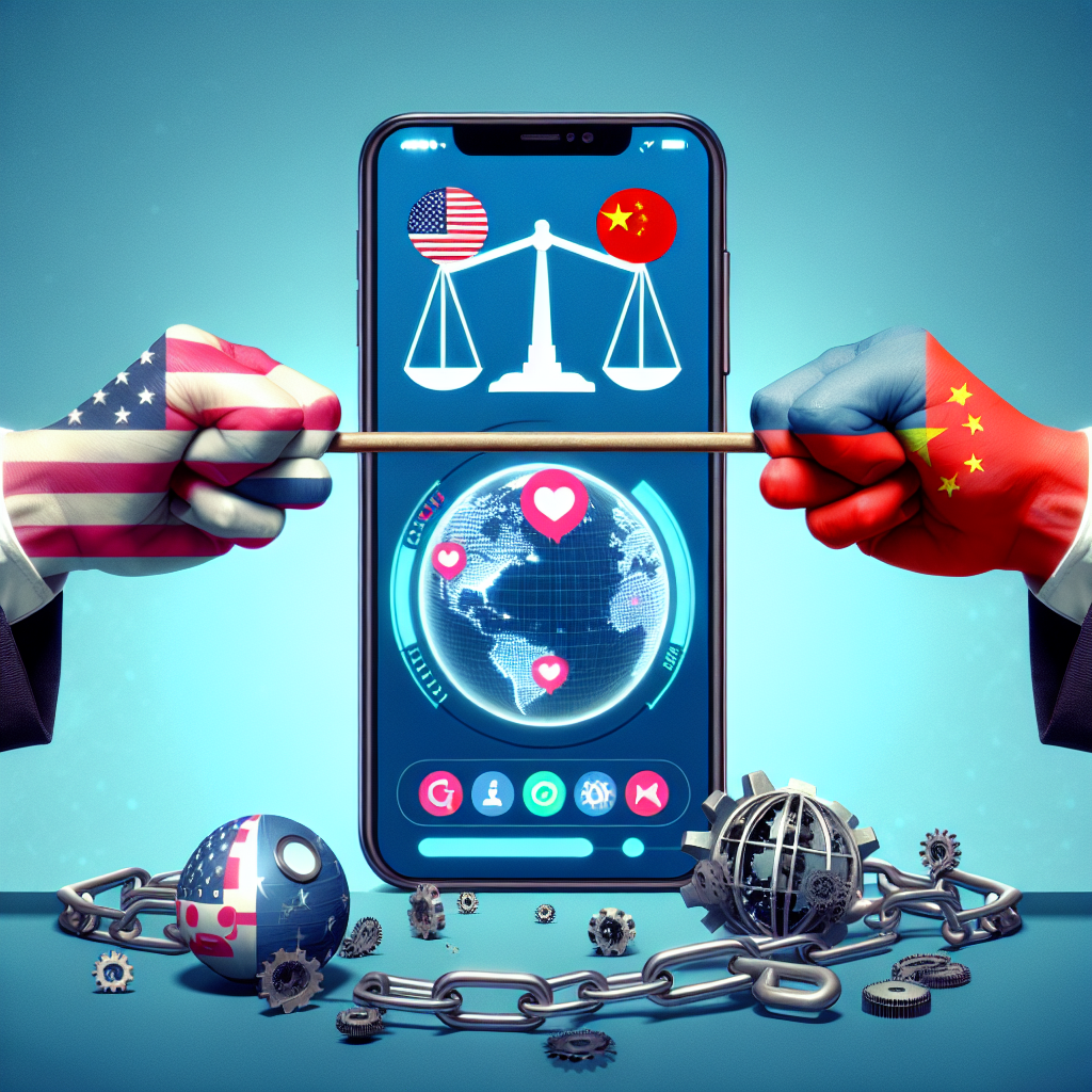 A conceptual image showcasing two hands representing the United States and China respectively, hovering over a smartphone screen with the TikTok logo. The hands are engaged in a tug of war, mirroring the tension in tech space between the two countries. There should be visible globe icons representing tech spheres of the US and China. Other elements around the periphery could include chain icons symbolizing issues of censorship, balancing scales representing ongoing debates, and broken gear icons indicating technological disputes.