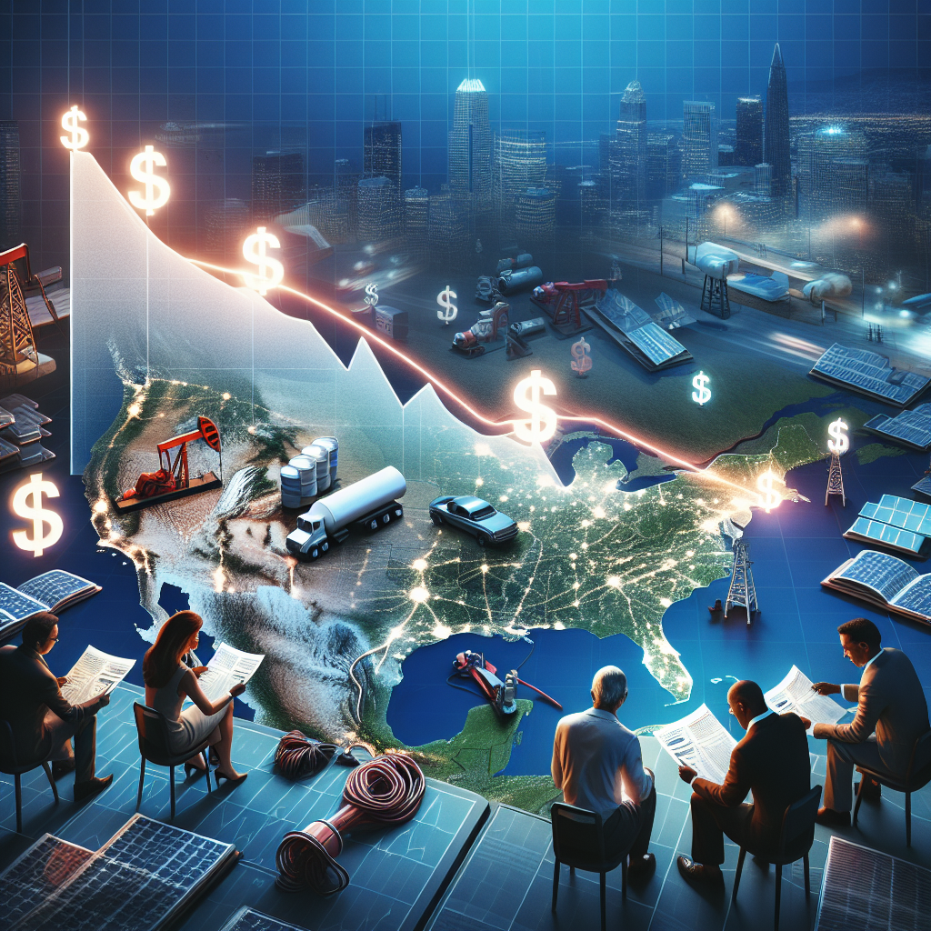 Visualize a dramatic decrease in gas prices. Illustrate the significant fall on a graph, with the y-axis marked with dollar signs and the x-axis with time indicating years. The line on the graph shows a steep decline. The backdrop of the scene is a map of the United States with major energy producing regions highlighted in varying shades of blue and green. Scattered around the map, show various energy resources like oil rigs, solar panels and wind turbines. Include three individuals, a South Asian female, a Hispanic male, and a Middle-Eastern female, who are reading a document titled 'US Energy Policy Shifts', symbolizing strategizing the navigation through the shifts.