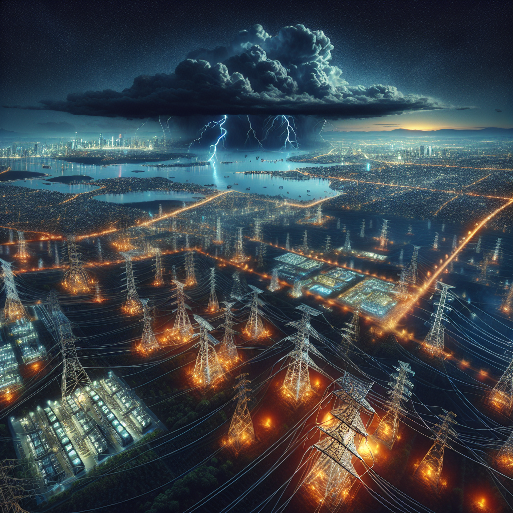 An overhead view of a complex network of electricity pylons spanning across diverse terrains to represent the power grid. In the distance, an ominous storm cloud represents potential risks. The country interior shows several cities plunged into darkness representing a blackout. The scene is in the evening, accentuated with glowing city lights illuminating the twilight sky, with some areas in unsettling darkness. A floating newspaper in the corner with the headline: 'Power Grid Failure Risks: Exclusive Warning of Nationwide Blackout'.